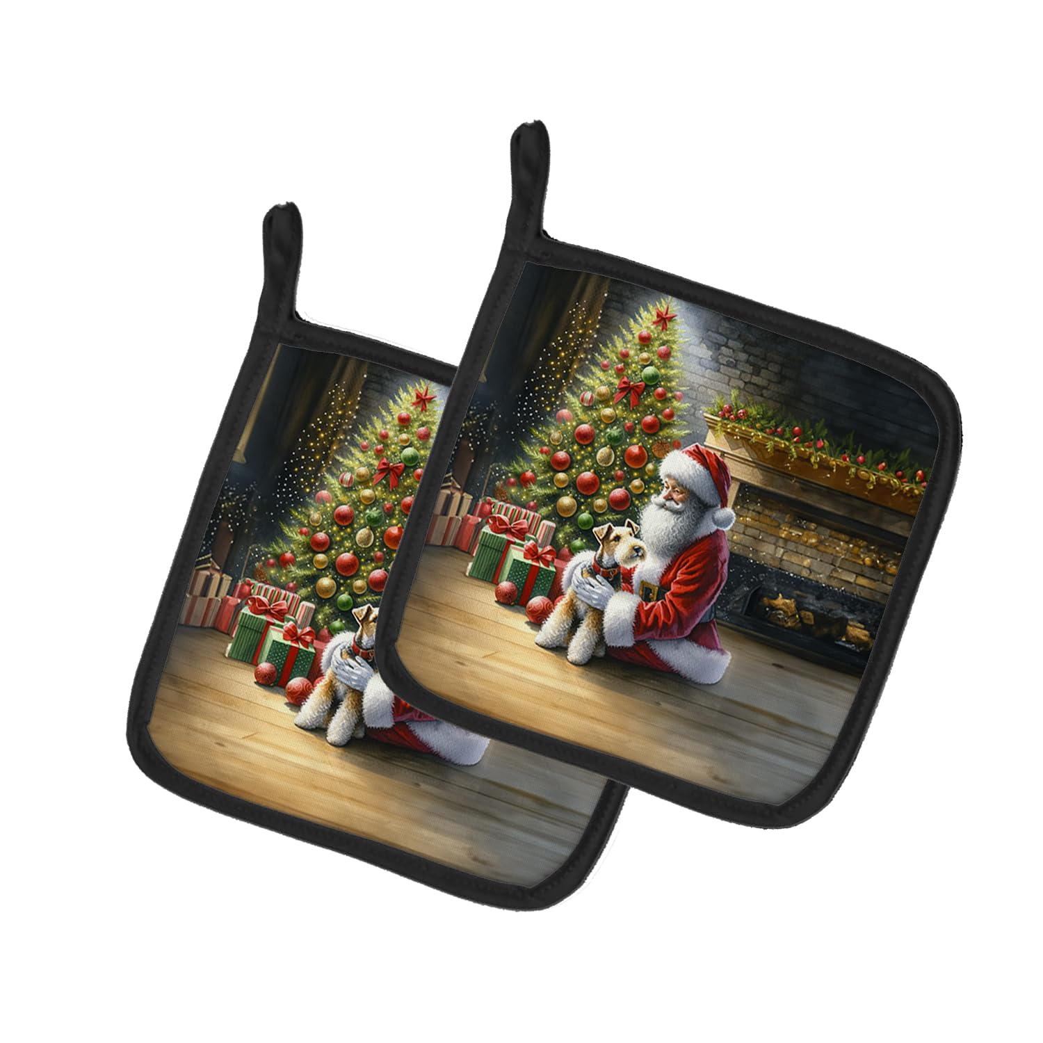 Carolines Treasures Fox Terrier and Santa Claus Pair of Pot Holders Kitchen Heat Resistant Pot Holders Sets Oven Hot Pads for Cooking Baking BBQ, 7 1/2 x 7 1/2