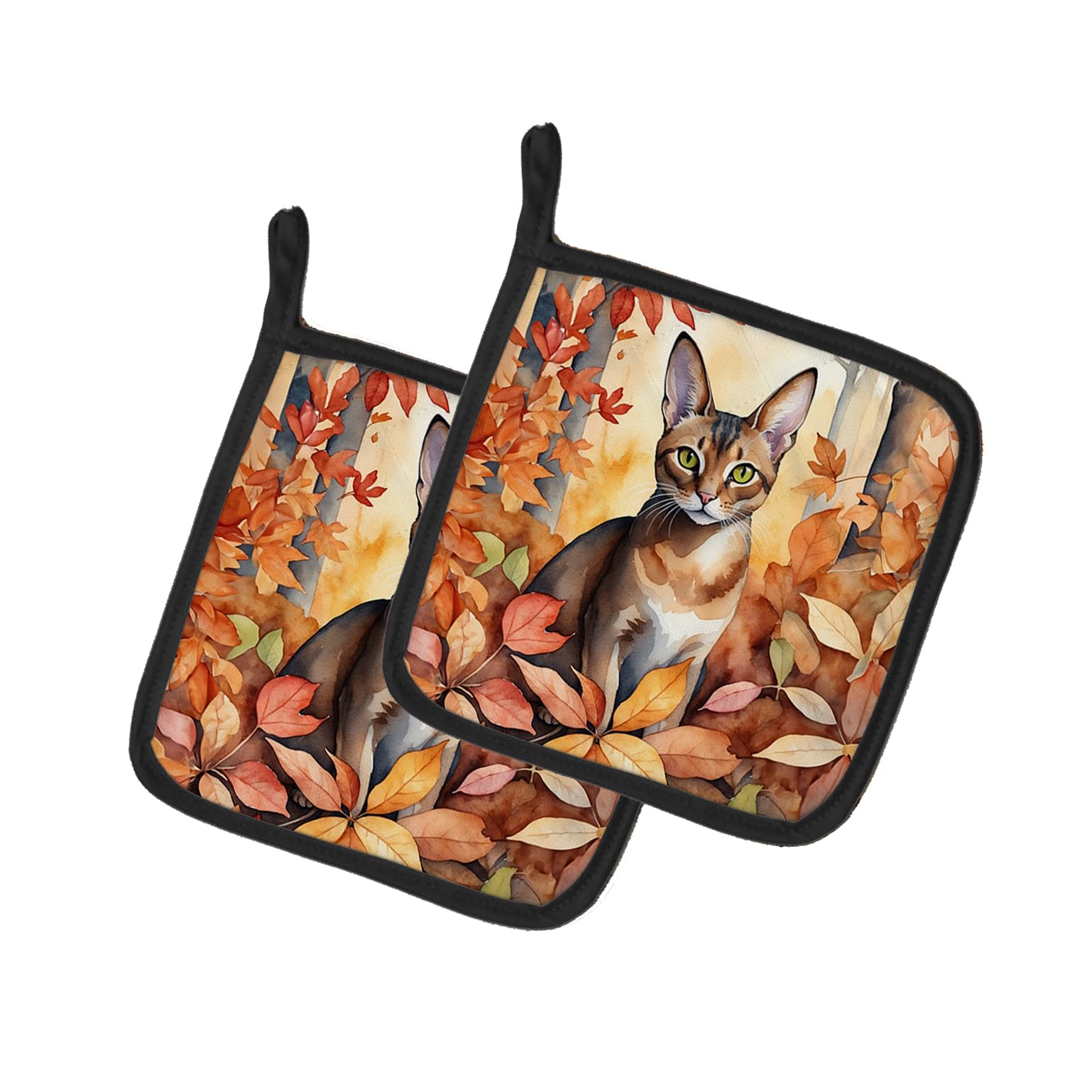 Carolines Treasures Abyssinian Cat in Fall Leaves Pair of Pot Holders Kitchen Heat Resistant Pot Holders Sets Oven Hot Pads for Cooking Baking BBQ, 7 1/2 x 7 1/2