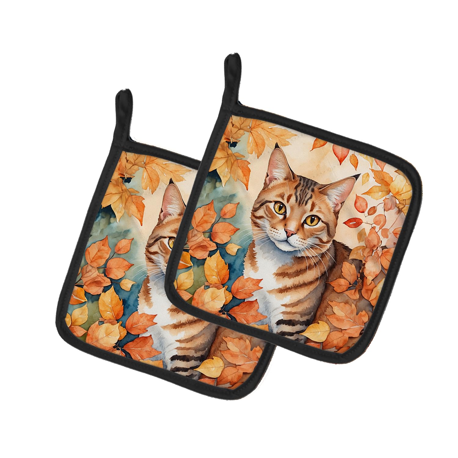 Carolines Treasures Aegean Cat in Fall Leaves Pair of Pot Holders Kitchen Heat Resistant Pot Holders Sets Oven Hot Pads for Cooking Baking BBQ, 7 1/2 x 7 1/2