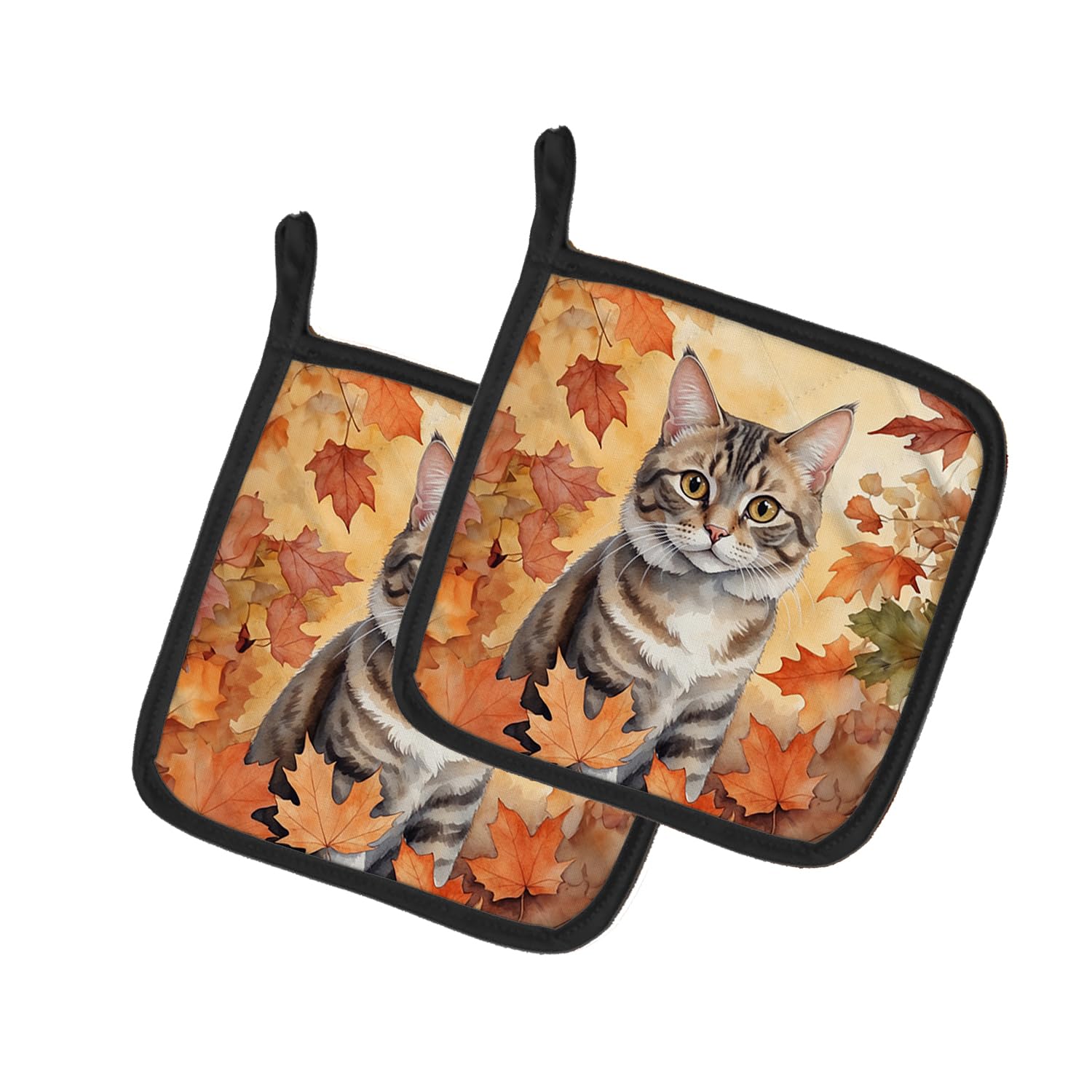 Carolines Treasures American Bobtail Cat in Fall Leaves Pair of Pot Holders Kitchen Heat Resistant Pot Holders Sets Oven Hot Pads for Cooking Baking BBQ, 7 1/2 x 7 1/2