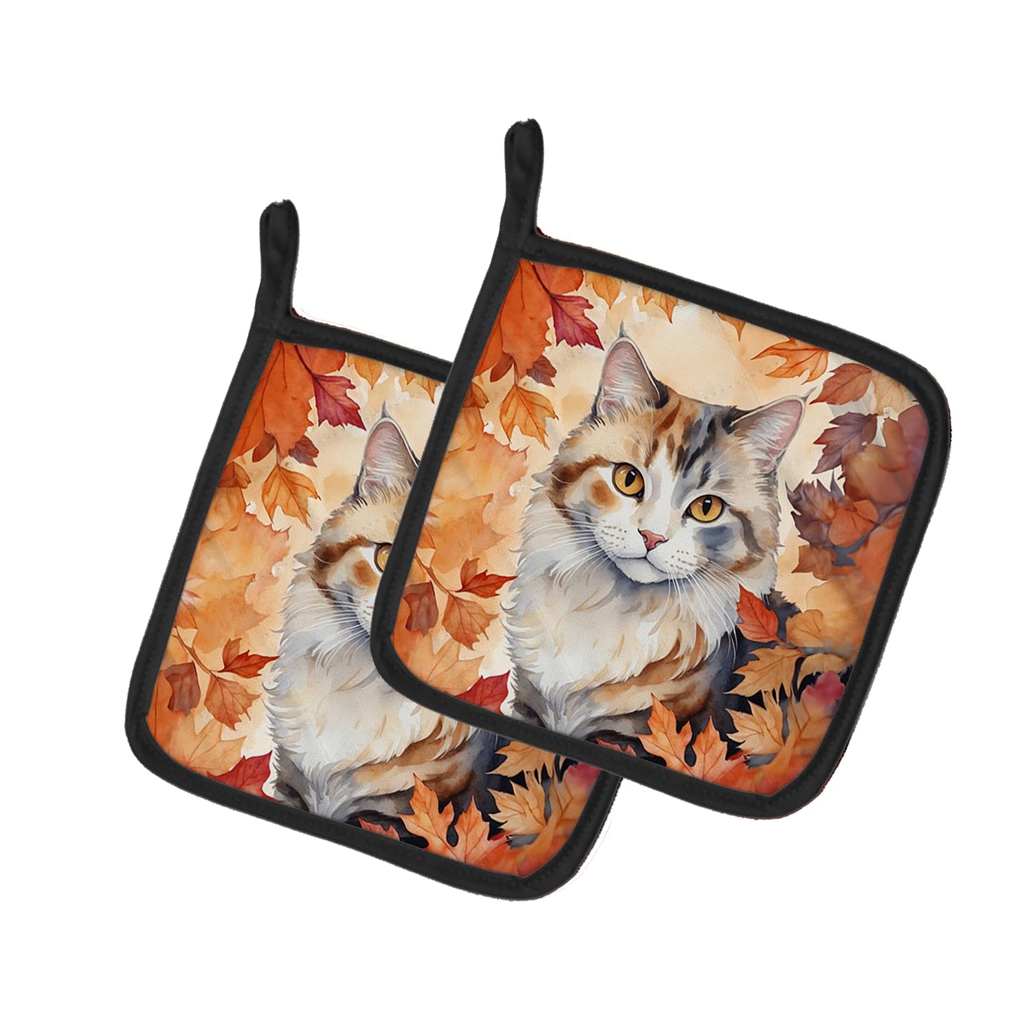 Carolines Treasures American Curl Cat in Fall Leaves Pair of Pot Holders Kitchen Heat Resistant Pot Holders Sets Oven Hot Pads for Cooking Baking BBQ, 7 1/2 x 7 1/2