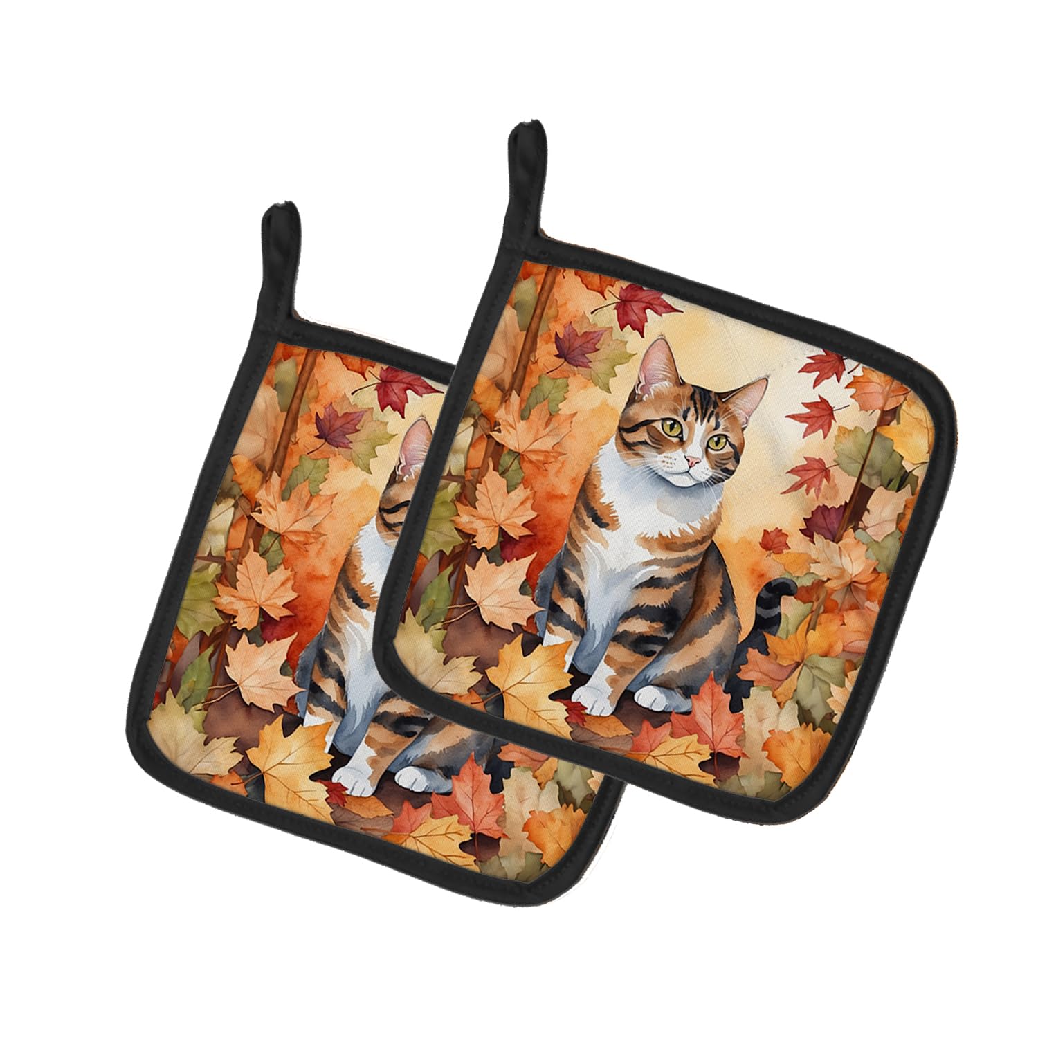 Carolines Treasures American Polydactyl Cat in Fall Leaves Pair of Pot Holders Kitchen Heat Resistant Pot Holders Sets Oven Hot Pads for Cooking Baking BBQ, 7 1/2 x 7 1/2