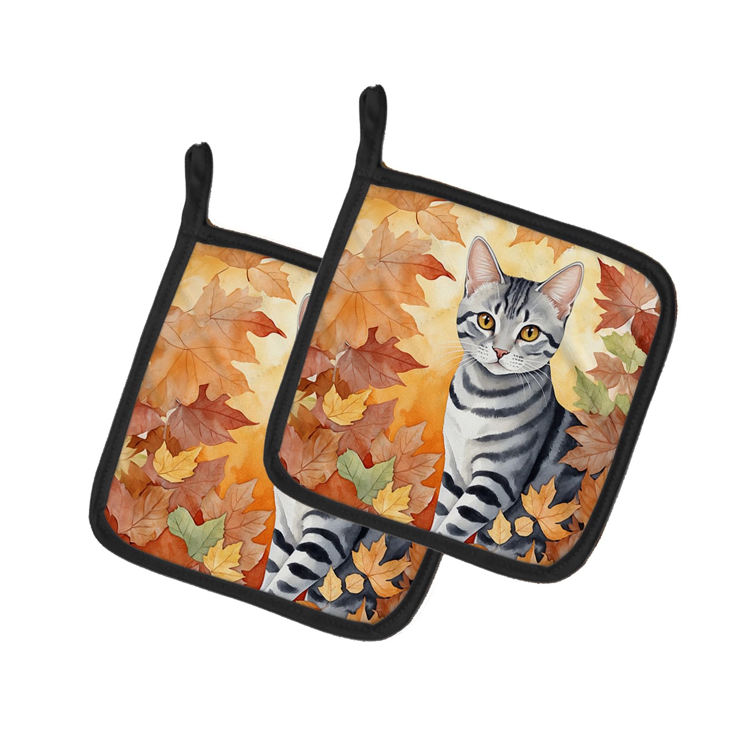 Carolines Treasures American Shorthair Cat in Fall Leaves Pair of Pot Holders Kitchen Heat Resistant Pot Holders Sets Oven Hot Pads for Cooking Baking BBQ, 7 1/2 x 7 1/2