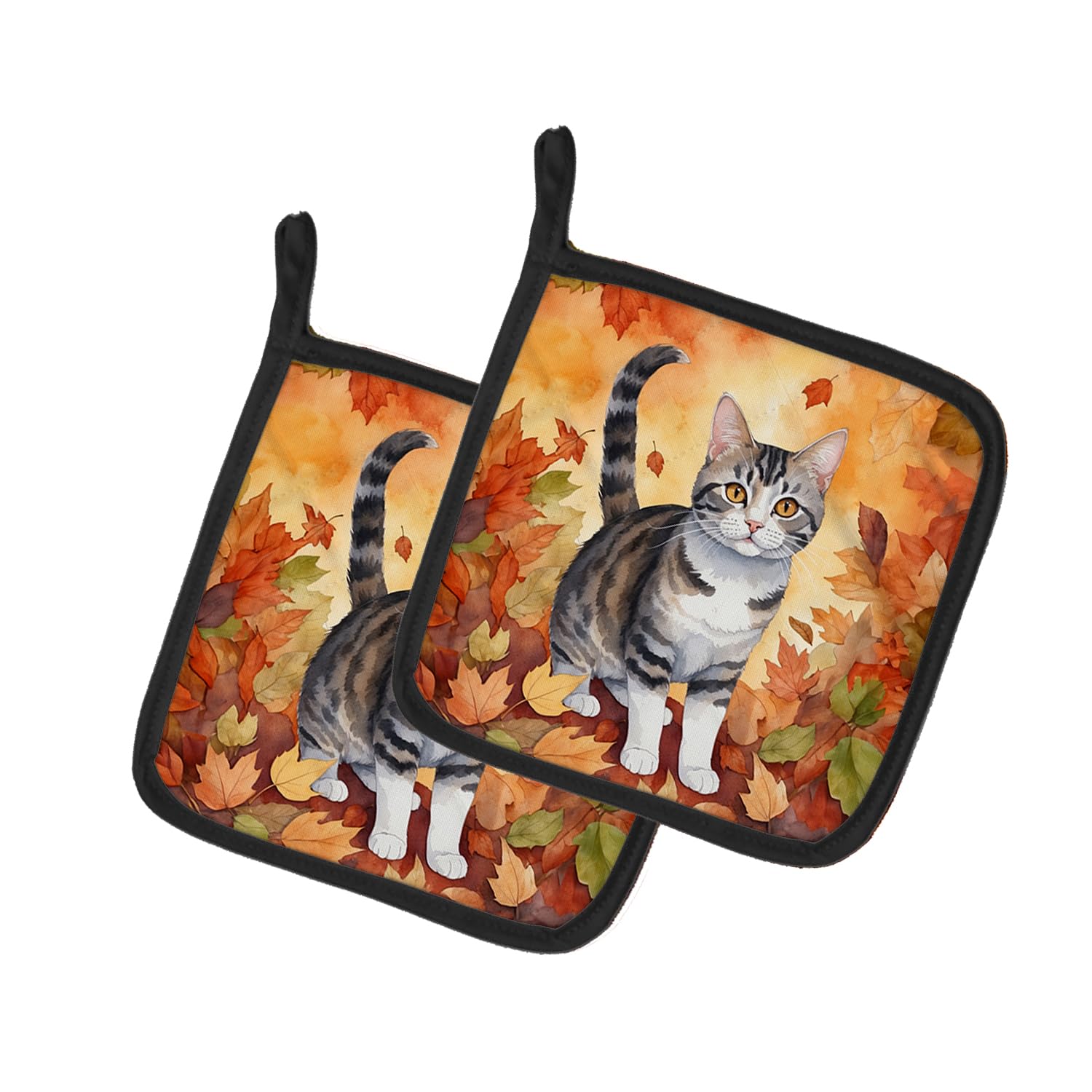 Carolines Treasures American Wirehair Cat in Fall Leaves Pair of Pot Holders Kitchen Heat Resistant Pot Holders Sets Oven Hot Pads for Cooking Baking BBQ, 7 1/2 x 7 1/2