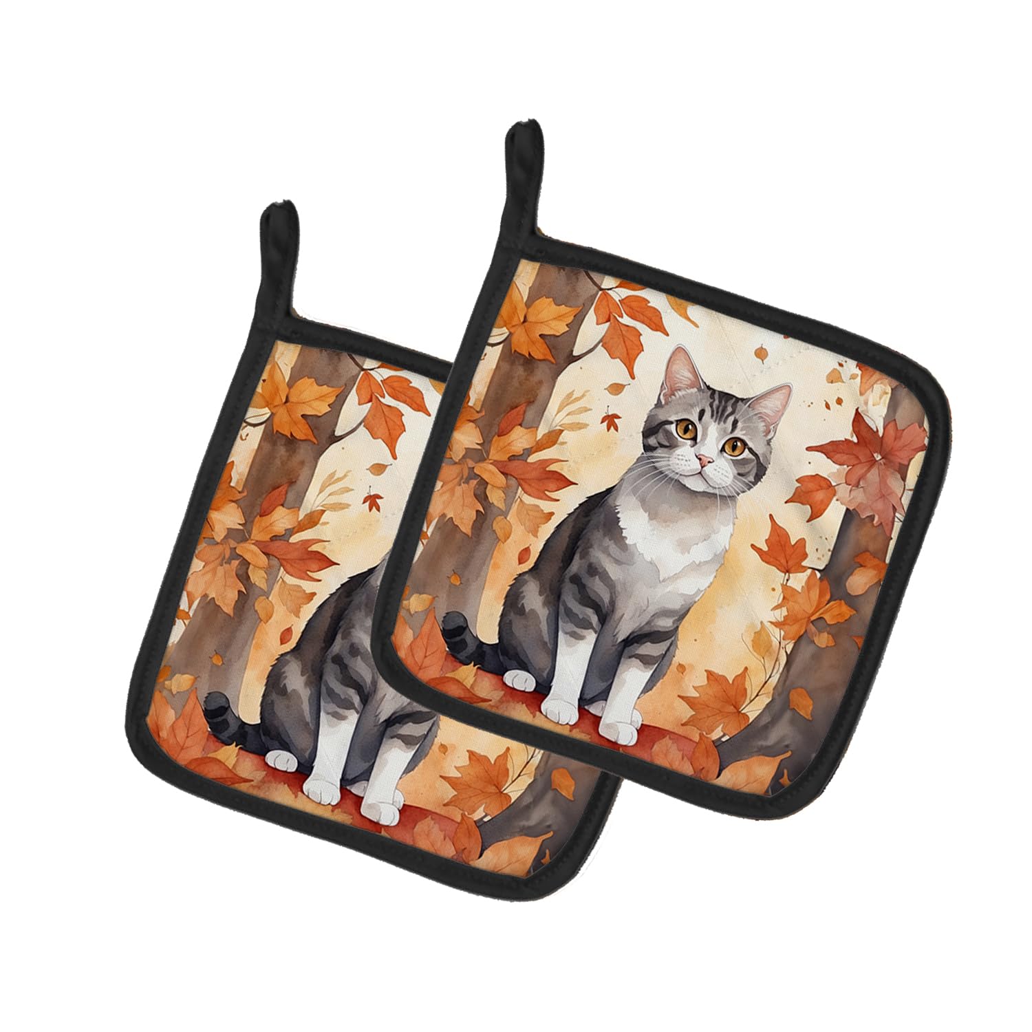 Carolines Treasures American Wirehair Cat in Fall Leaves Pair of Pot Holders Kitchen Heat Resistant Pot Holders Sets Oven Hot Pads for Cooking Baking BBQ, 7 1/2 x 7 1/2