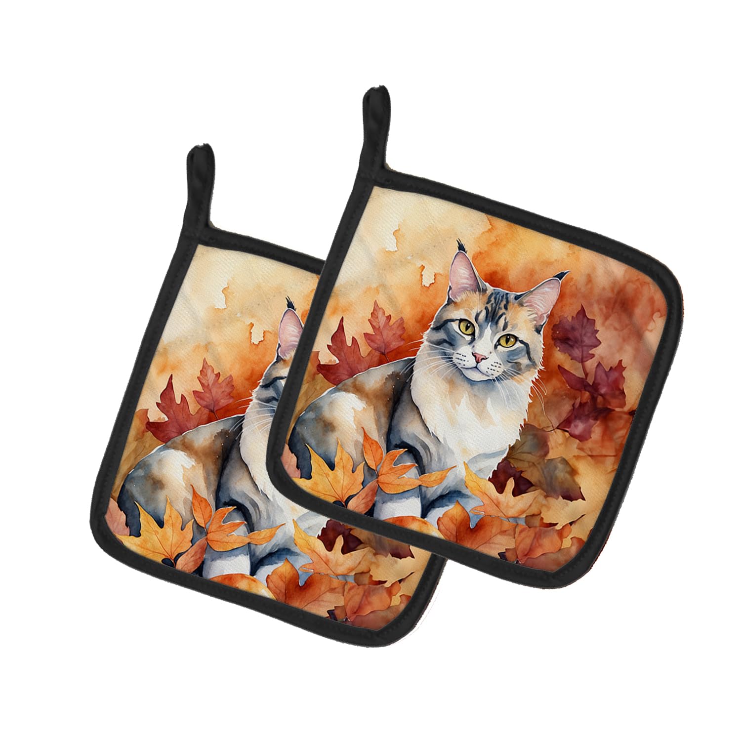 Carolines Treasures Aphrodite Giant Cat in Fall Leaves Pair of Pot Holders Kitchen Heat Resistant Pot Holders Sets Oven Hot Pads for Cooking Baking BBQ, 7 1/2 x 7 1/2