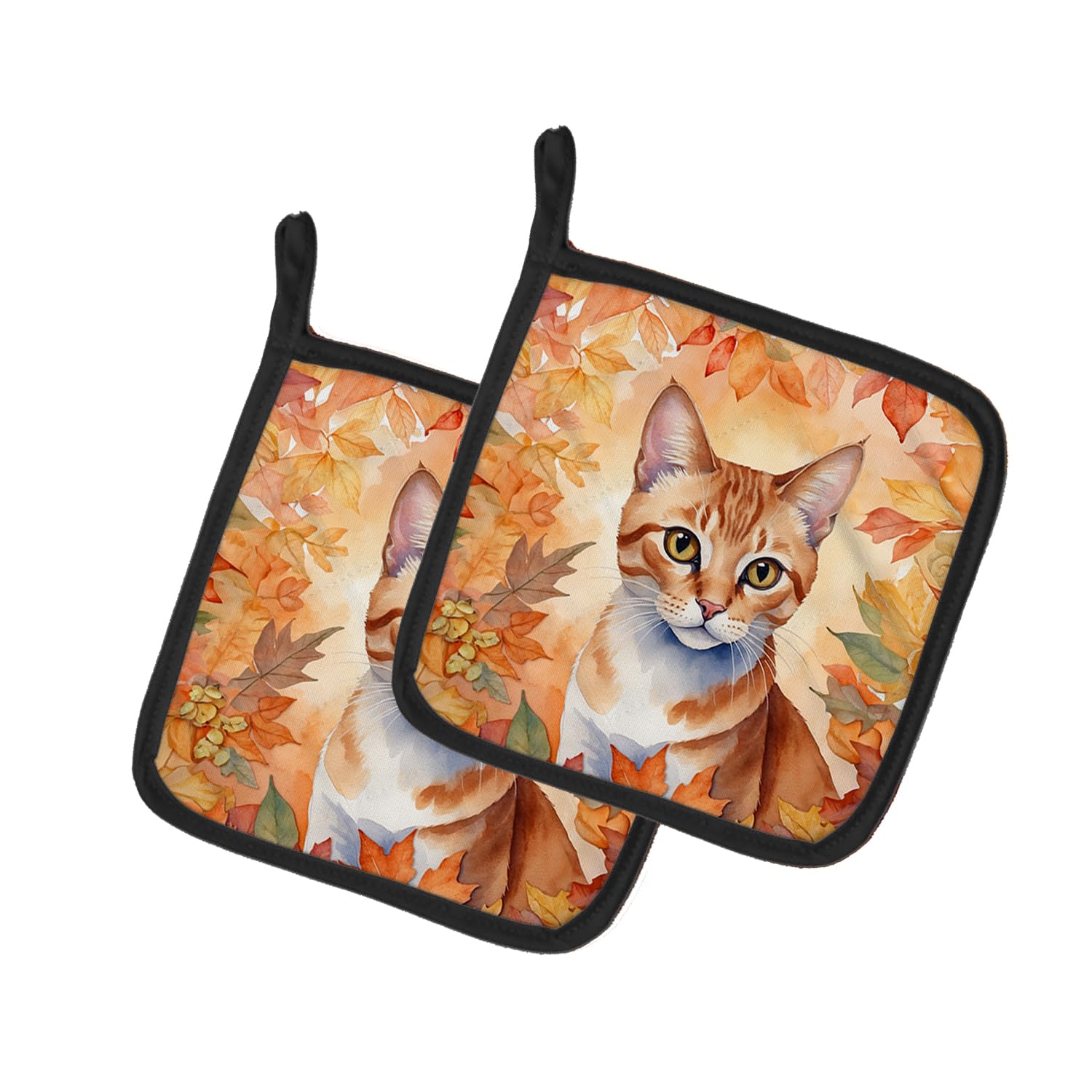 Carolines Treasures Arabian Mau Cat in Fall Leaves Pair of Pot Holders Kitchen Heat Resistant Pot Holders Sets Oven Hot Pads for Cooking Baking BBQ, 7 1/2 x 7 1/2