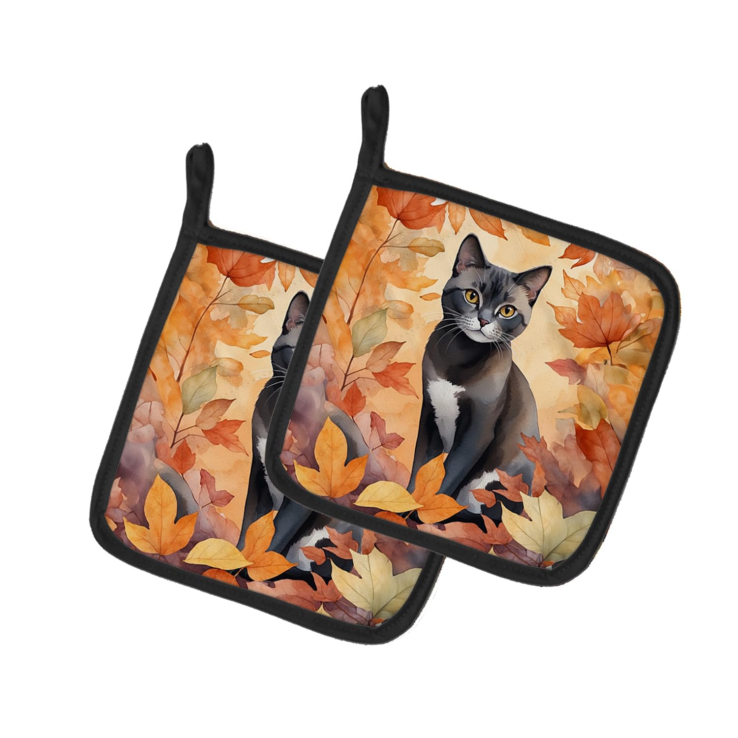 Carolines Treasures Asian Cat in Fall Leaves Pair of Pot Holders Kitchen Heat Resistant Pot Holders Sets Oven Hot Pads for Cooking Baking BBQ, 7 1/2 x 7 1/2