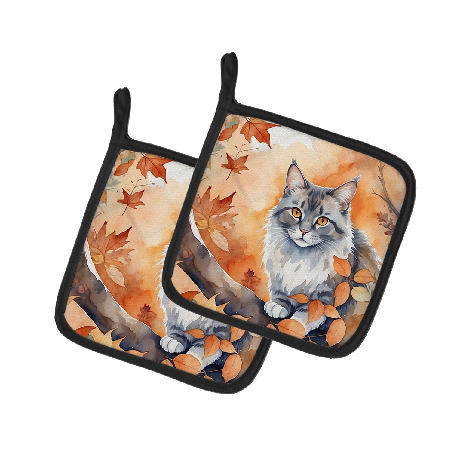 Carolines Treasures Australian Mist Cat in Fall Leaves Pair of Pot Holders Kitchen Heat Resistant Pot Holders Sets Oven Hot Pads for Cooking Baking BBQ, 7 1/2 x 7 1/2