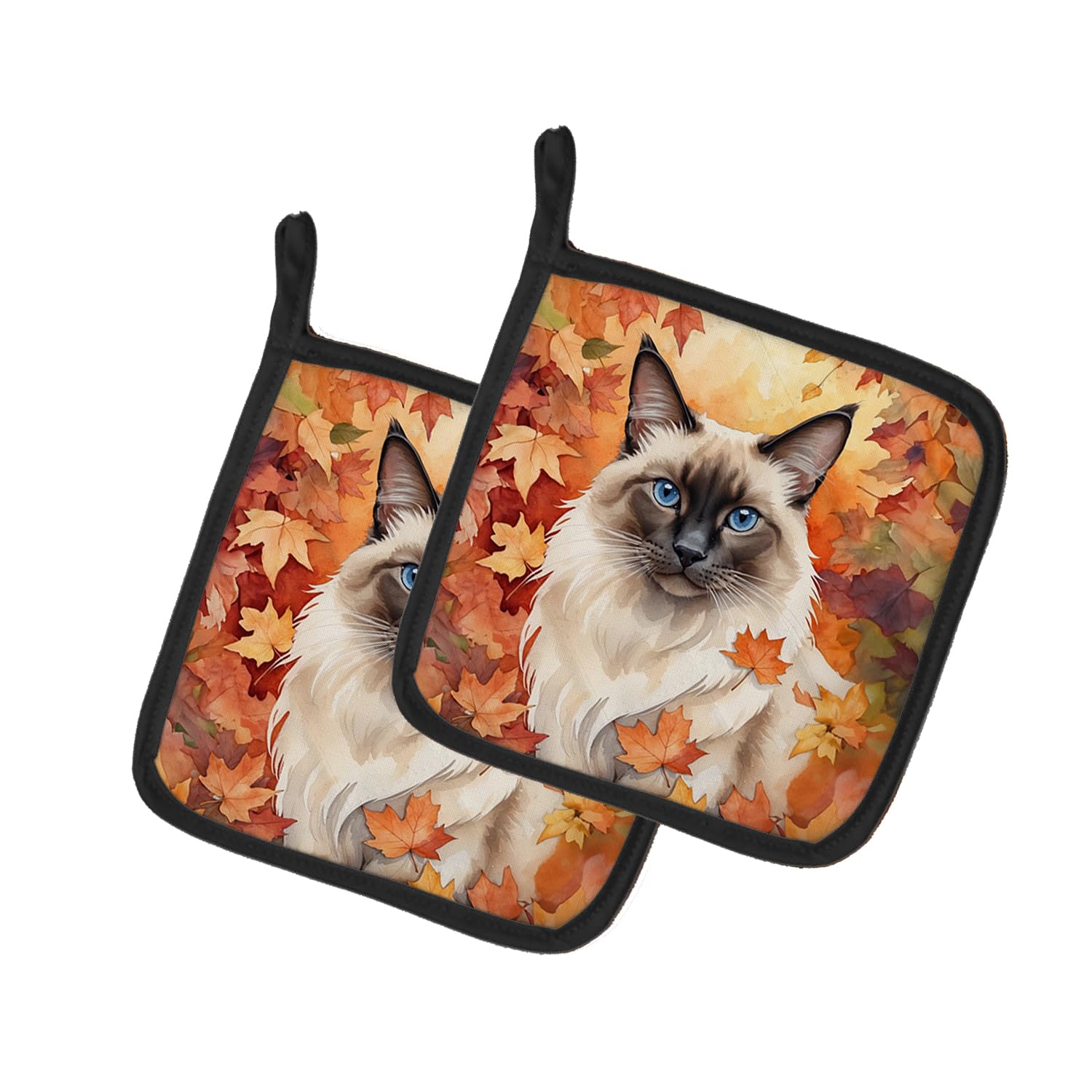 Carolines Treasures Balinese Cat in Fall Leaves Pair of Pot Holders Kitchen Heat Resistant Pot Holders Sets Oven Hot Pads for Cooking Baking BBQ, 7 1/2 x 7 1/2