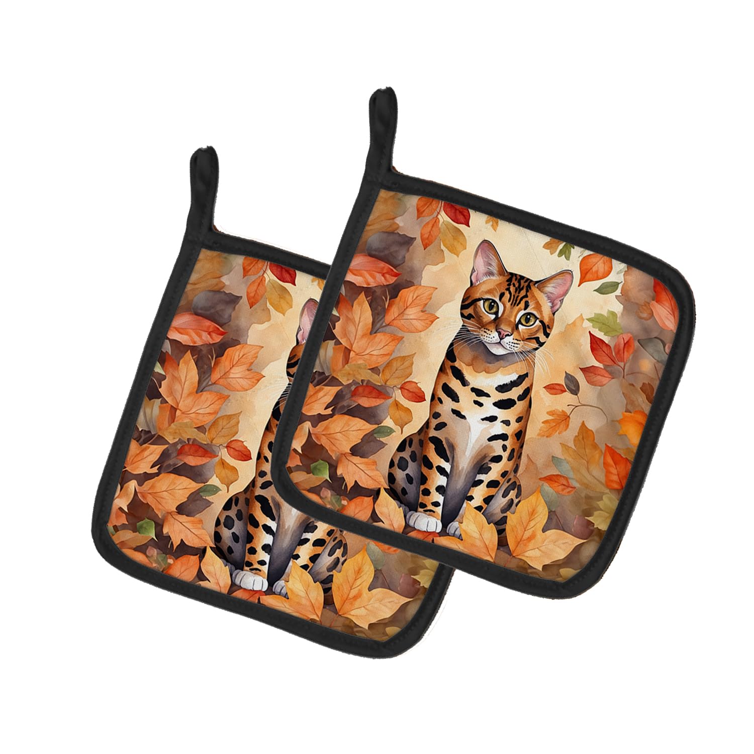Carolines Treasures Bengal Cat in Fall Leaves Pair of Pot Holders Kitchen Heat Resistant Pot Holders Sets Oven Hot Pads for Cooking Baking BBQ, 7 1/2 x 7 1/2