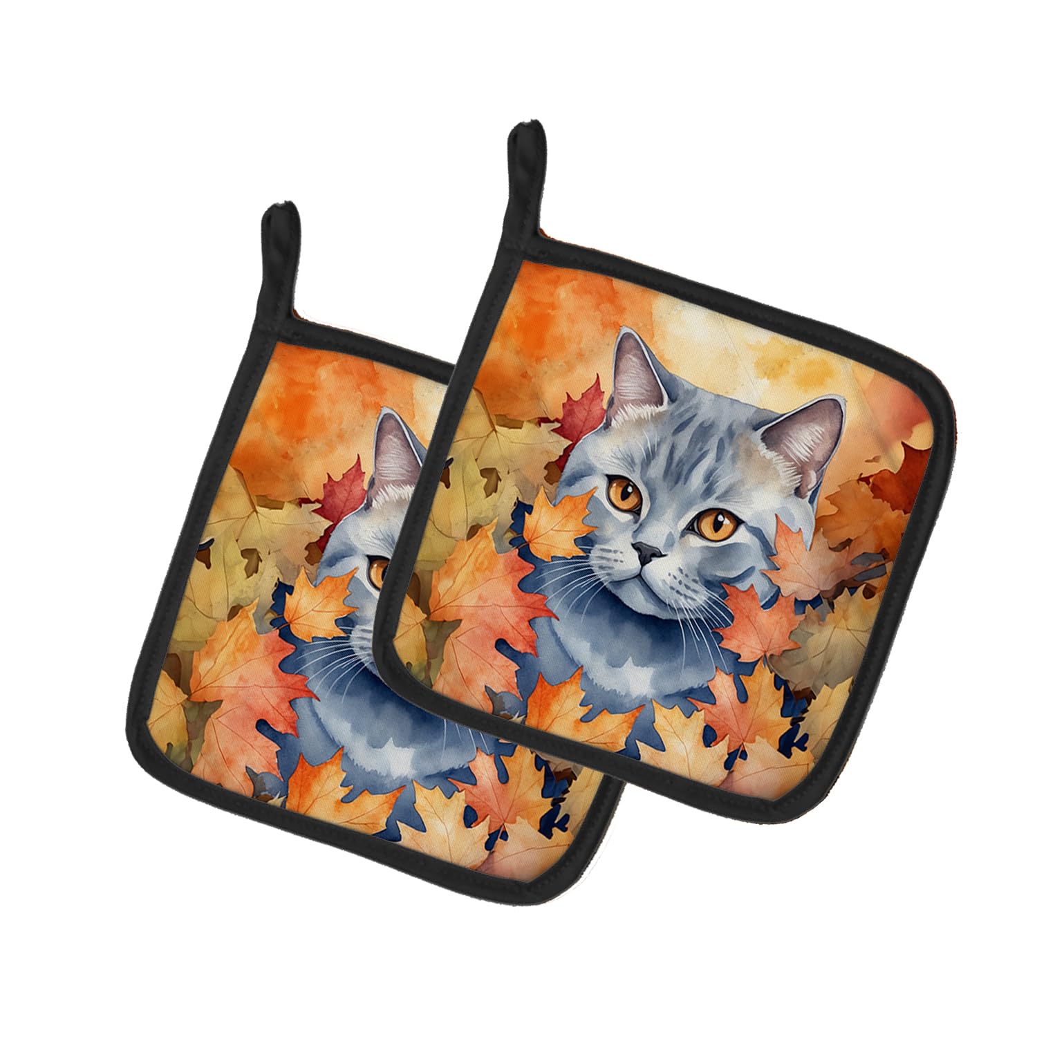 Carolines Treasures British Shorthair Cat in Fall Leaves Pair of Pot Holders Kitchen Heat Resistant Pot Holders Sets Oven Hot Pads for Cooking Baking BBQ, 7 1/2 x 7 1/2