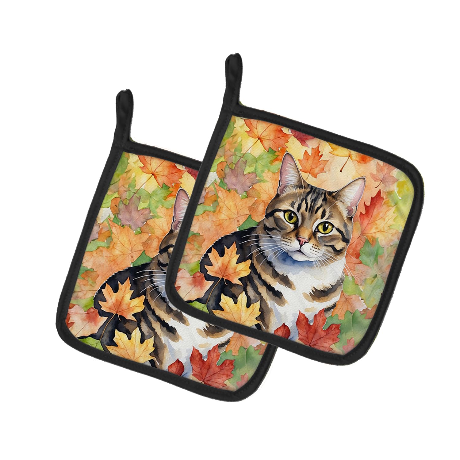 Carolines Treasures California Spangled Cat in Fall Leaves Pair of Pot Holders Kitchen Heat Resistant Pot Holders Sets Oven Hot Pads for Cooking Baking BBQ, 7 1/2 x 7 1/2