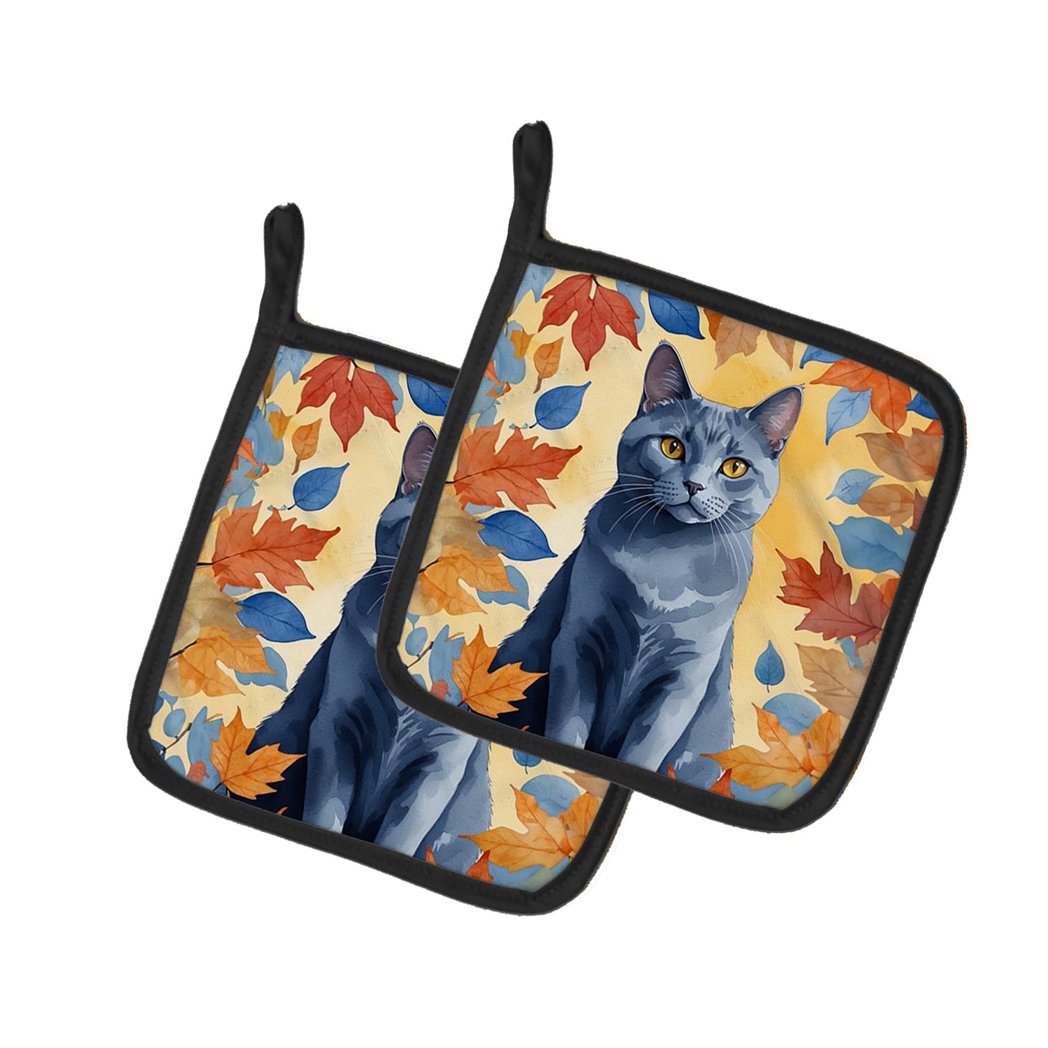 Carolines Treasures Chartreux Cat in Fall Leaves Pair of Pot Holders Kitchen Heat Resistant Pot Holders Sets Oven Hot Pads for Cooking Baking BBQ, 7 1/2 x 7 1/2