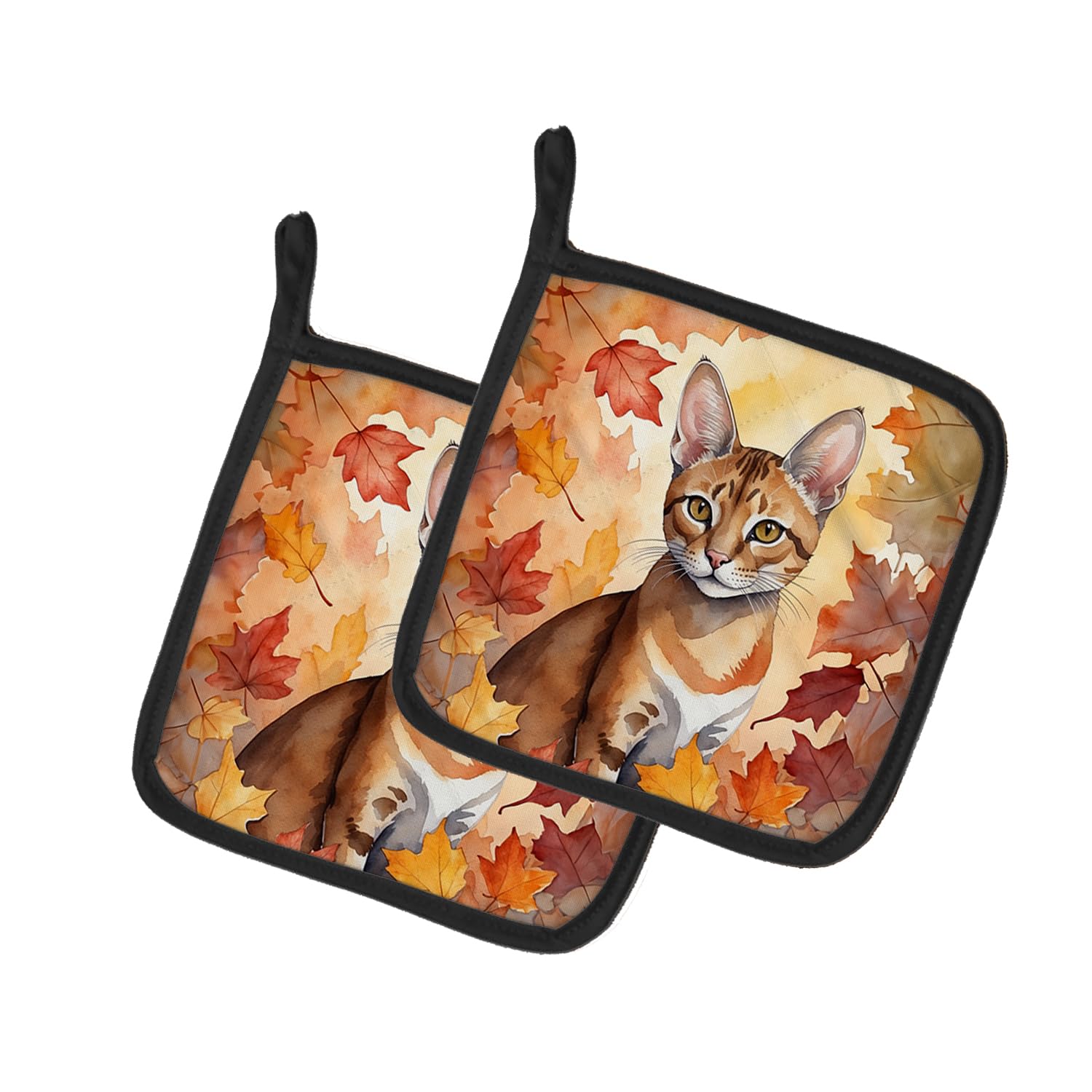 Carolines Treasures Chausie Cat in Fall Leaves Pair of Pot Holders Kitchen Heat Resistant Pot Holders Sets Oven Hot Pads for Cooking Baking BBQ, 7 1/2 x 7 1/2