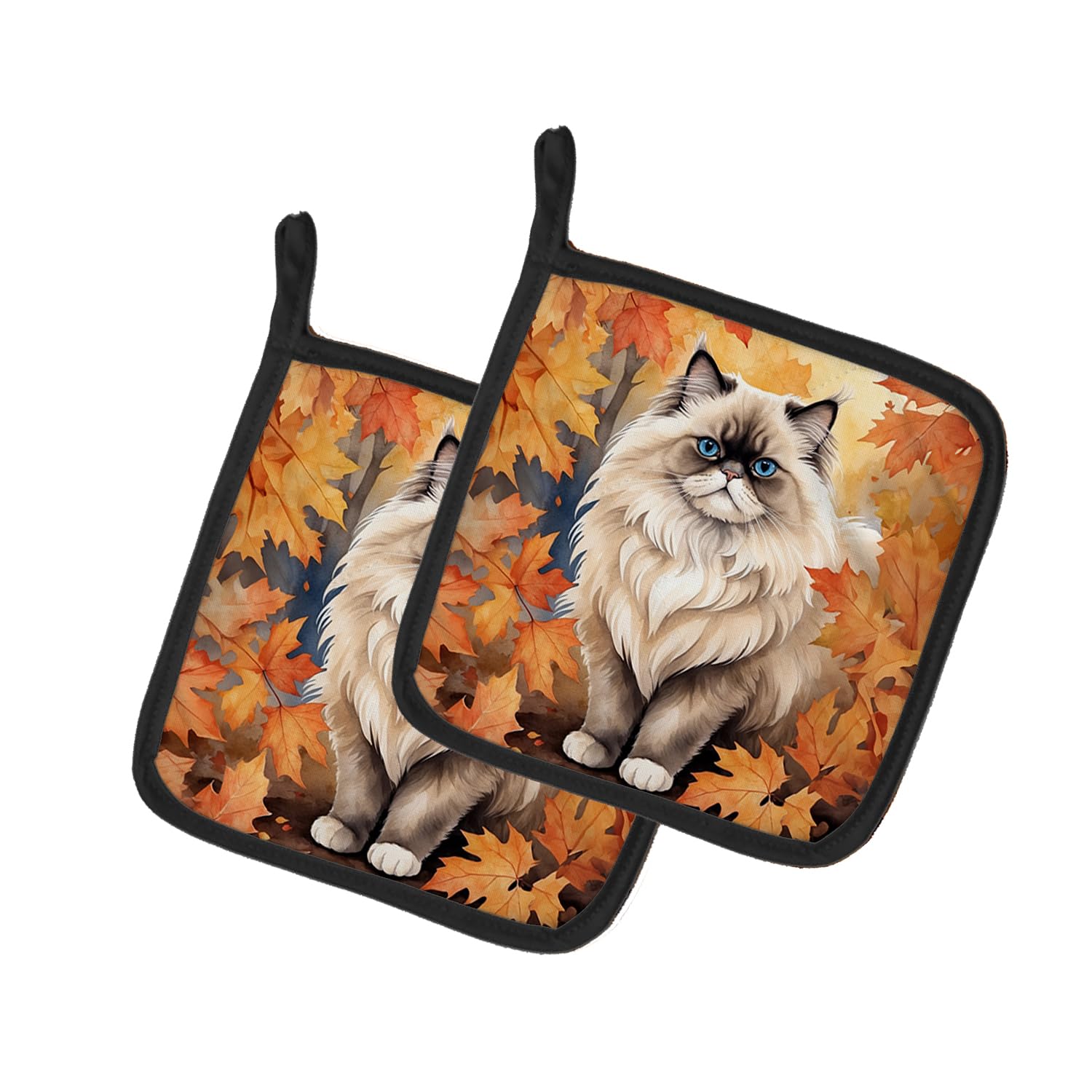 Carolines Treasures Colorpoint Longhair Cat in Fall Leaves Pair of Pot Holders Kitchen Heat Resistant Pot Holders Sets Oven Hot Pads for Cooking Baking BBQ, 7 1/2 x 7 1/2
