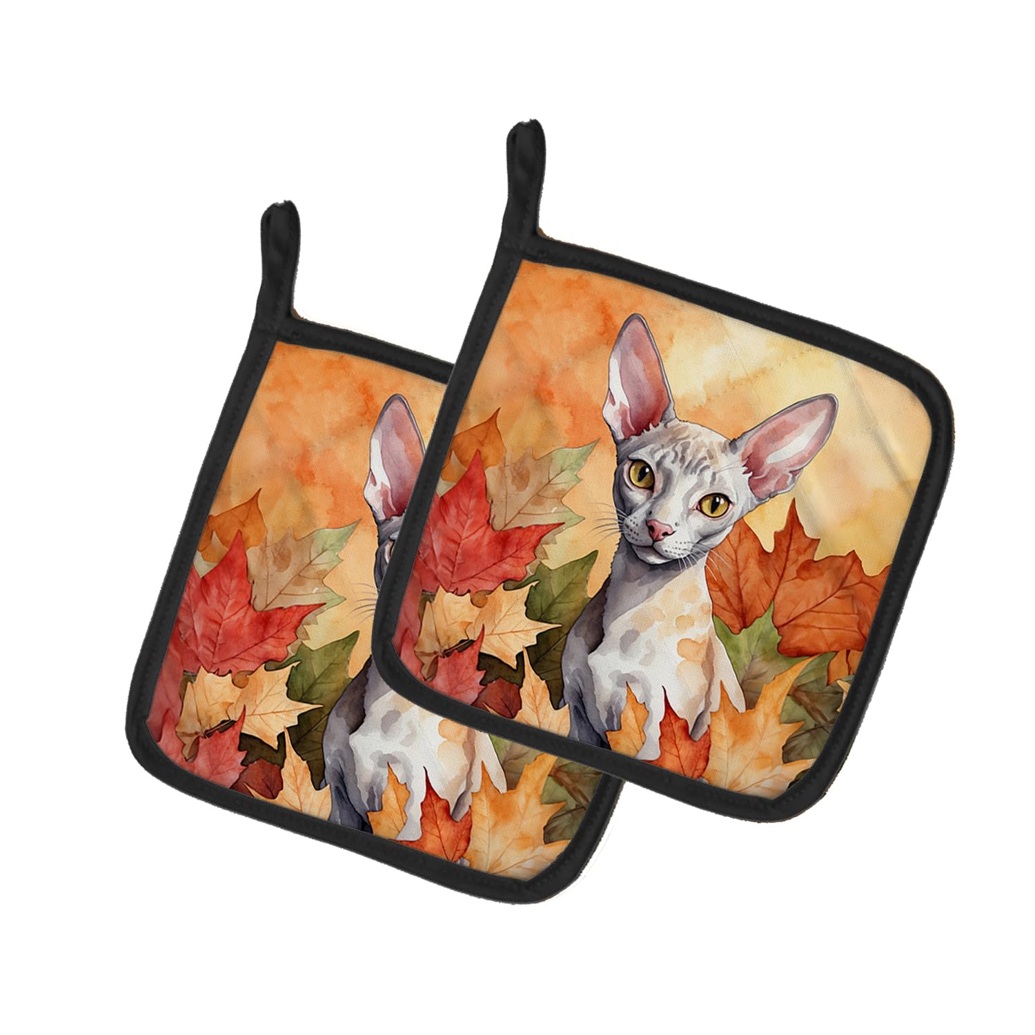 Carolines Treasures Cornish Rex Cat in Fall Leaves Pair of Pot Holders Kitchen Heat Resistant Pot Holders Sets Oven Hot Pads for Cooking Baking BBQ, 7 1/2 x 7 1/2