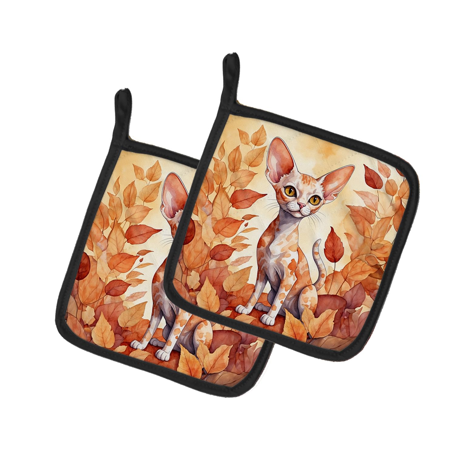 Carolines Treasures Devon Rex Cat in Fall Leaves Pair of Pot Holders Kitchen Heat Resistant Pot Holders Sets Oven Hot Pads for Cooking Baking BBQ, 7 1/2 x 7 1/2