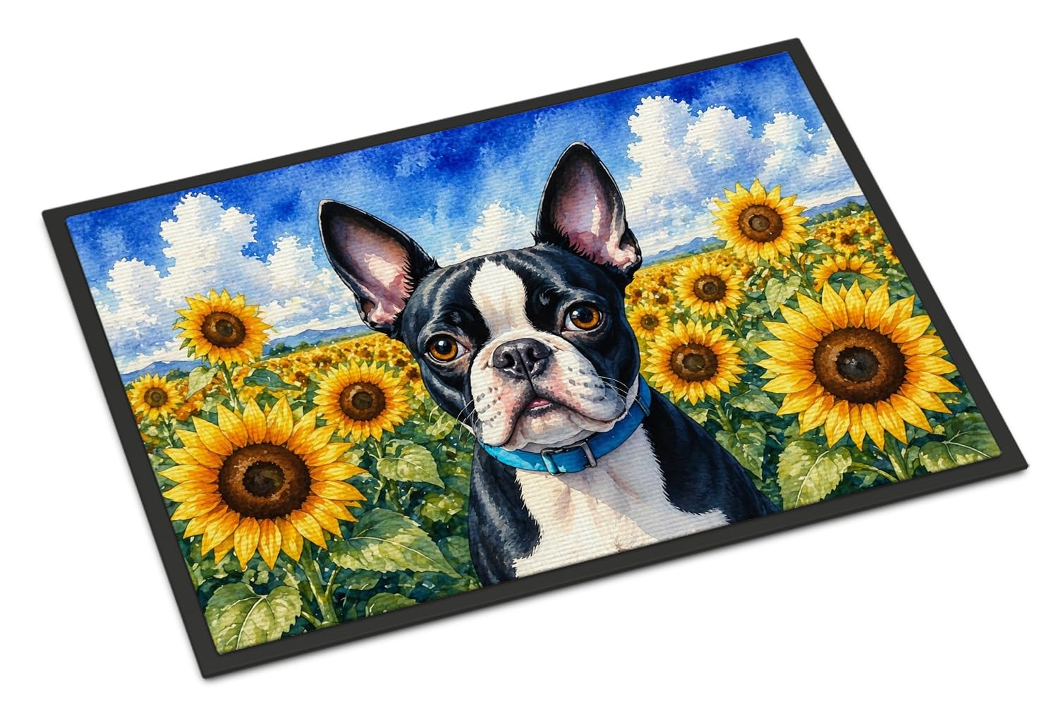 Carolines Treasures Boston Terrier in Sunflowers Doormat Front Door Mat Indoor Outdoor Rugs for Entryway, Non Slip Washable Low Pile, 18H X 27W