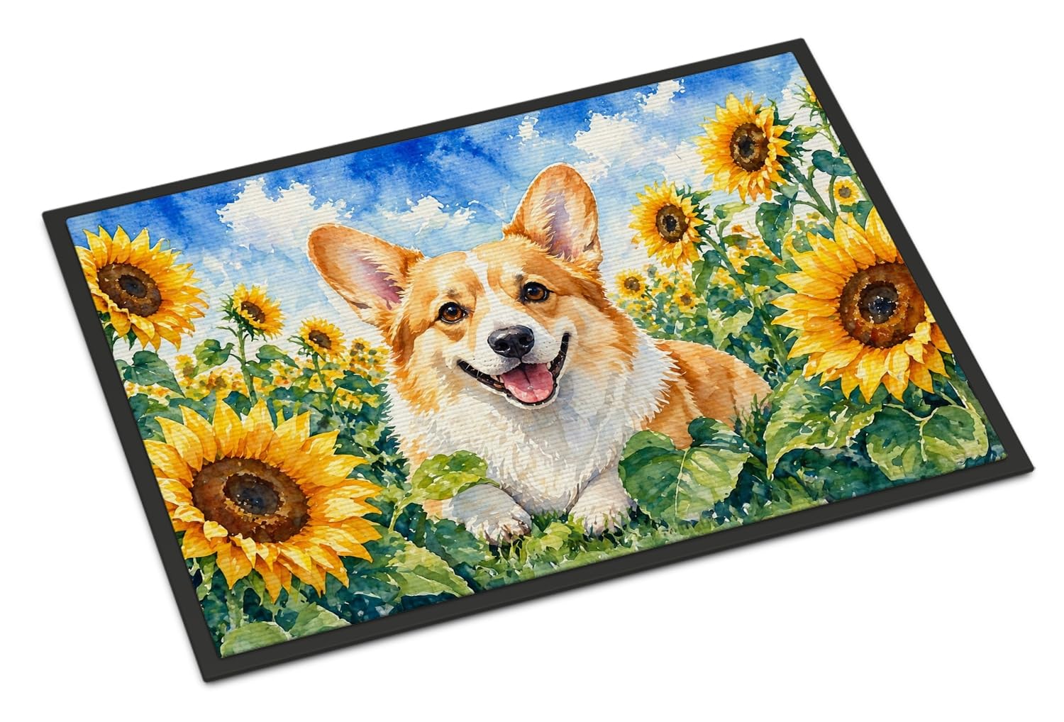 Carolines Treasures Corgi in Sunflowers Doormat Front Door Mat Indoor Outdoor Rugs for Entryway, Non Slip Washable Low Pile, 18H X 27W
