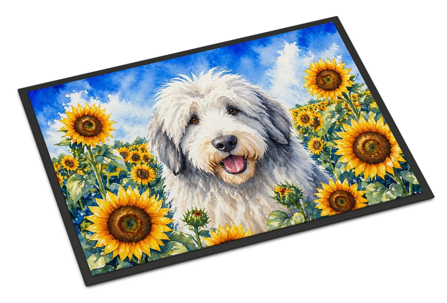 Carolines Treasures Old English Sheepdog in Sunflowers Doormat Front Door Mat Indoor Outdoor Rugs for Entryway, Non Slip Washable Low Pile, 24H X 36W