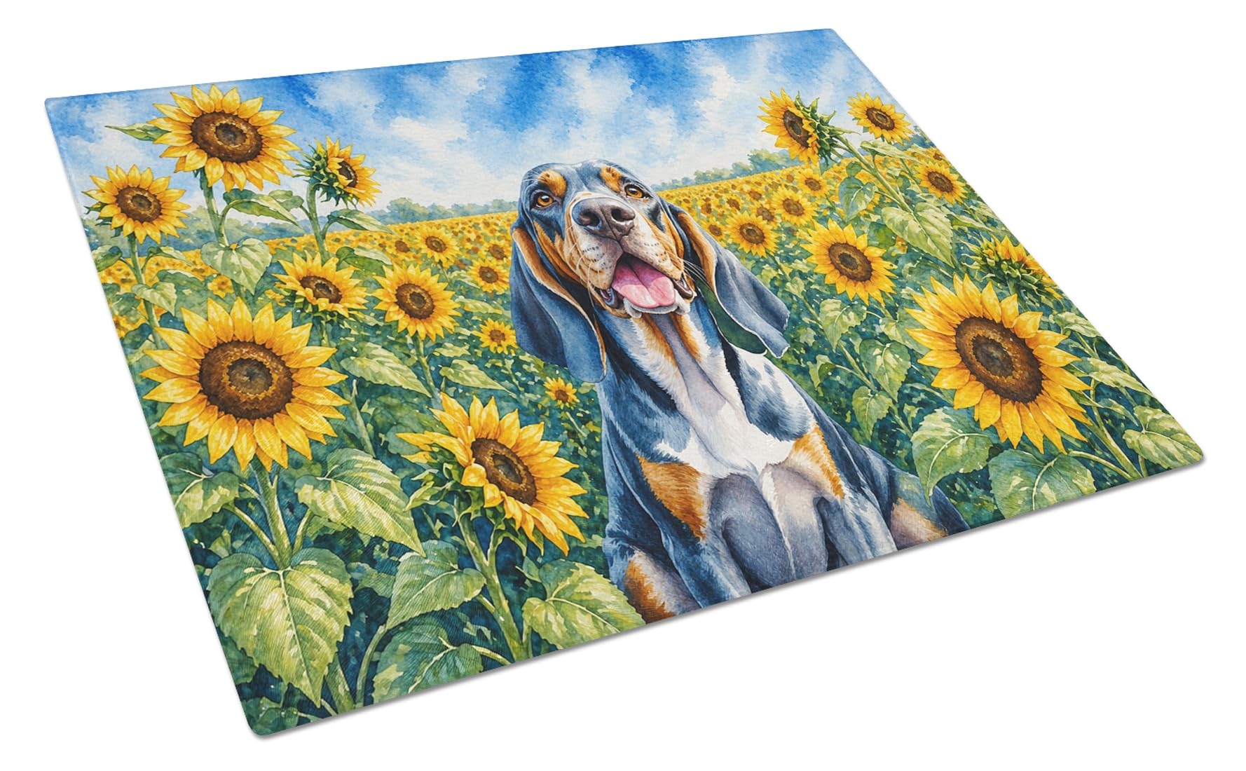 Carolines Treasures American English Coonhound in Sunflowers Cutting Board Tempered Glass Kitchen Cutting Surface, Heat Resistant Chopping Board with Non-Slip Feet, Decorative Food Prep & Serving