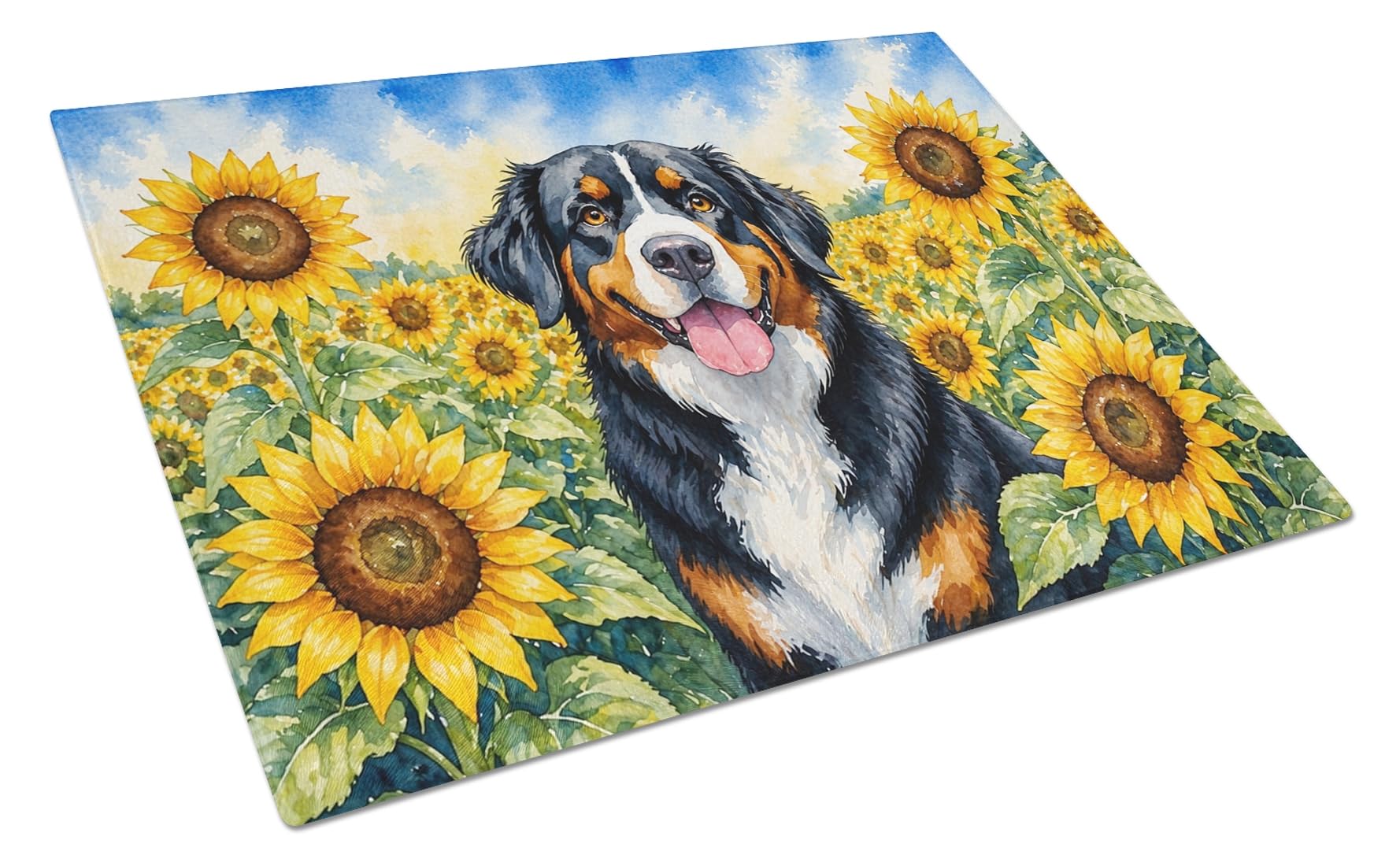 Carolines Treasures Bernese Mountain Dog in Sunflowers Cutting Board Tempered Glass Kitchen Cutting Surface, Heat Resistant Chopping Board with Non-Slip Feet, Decorative Food Prep & Serving