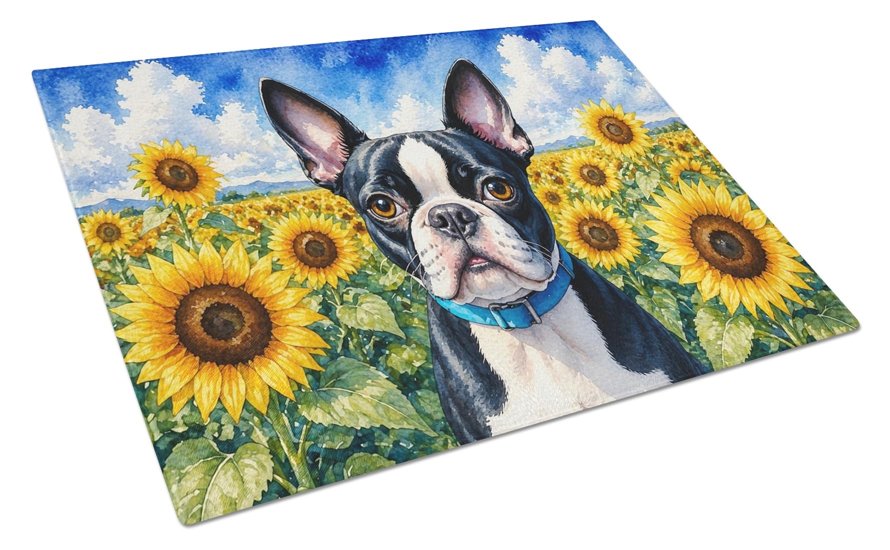 Carolines Treasures Boston Terrier in Sunflowers Cutting Board Tempered Glass Kitchen Cutting Surface, Heat Resistant Chopping Board with Non-Slip Feet, Decorative Food Prep & Serving