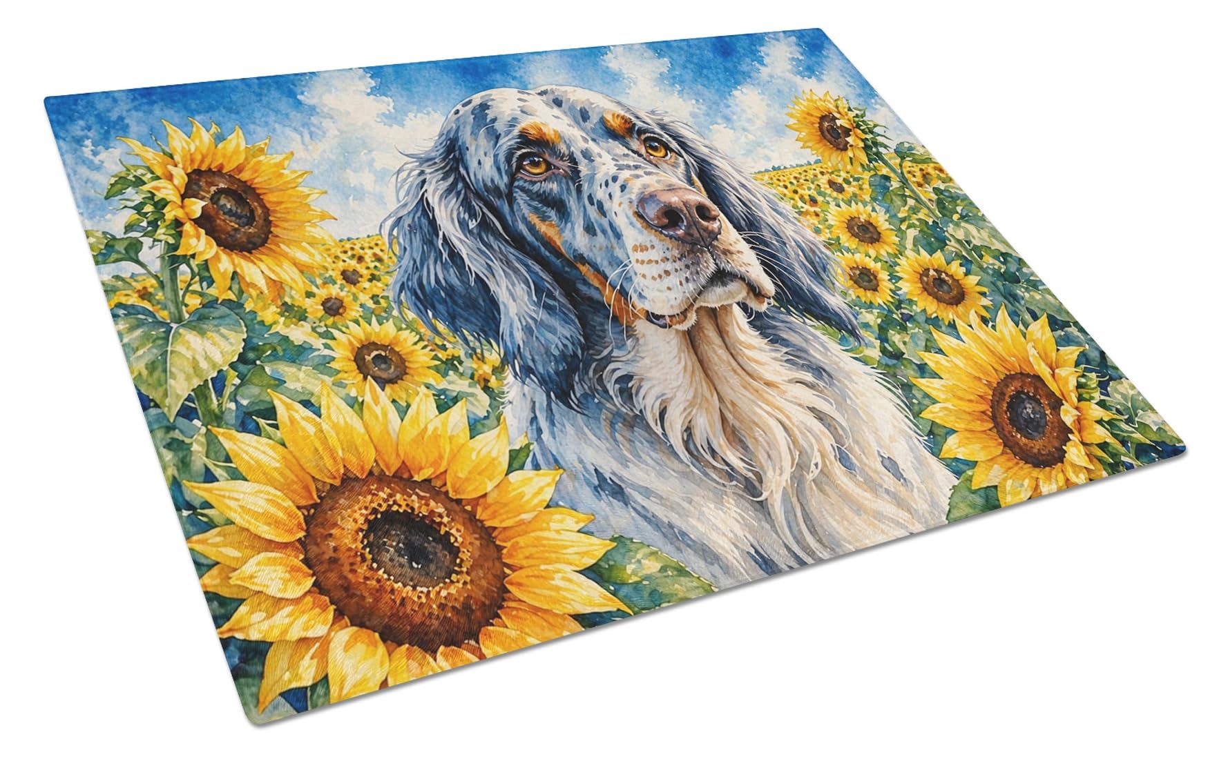 Carolines Treasures English Setter in Sunflowers Cutting Board Tempered Glass Kitchen Cutting Surface, Heat Resistant Chopping Board with Non-Slip Feet, Decorative Food Prep & Serving