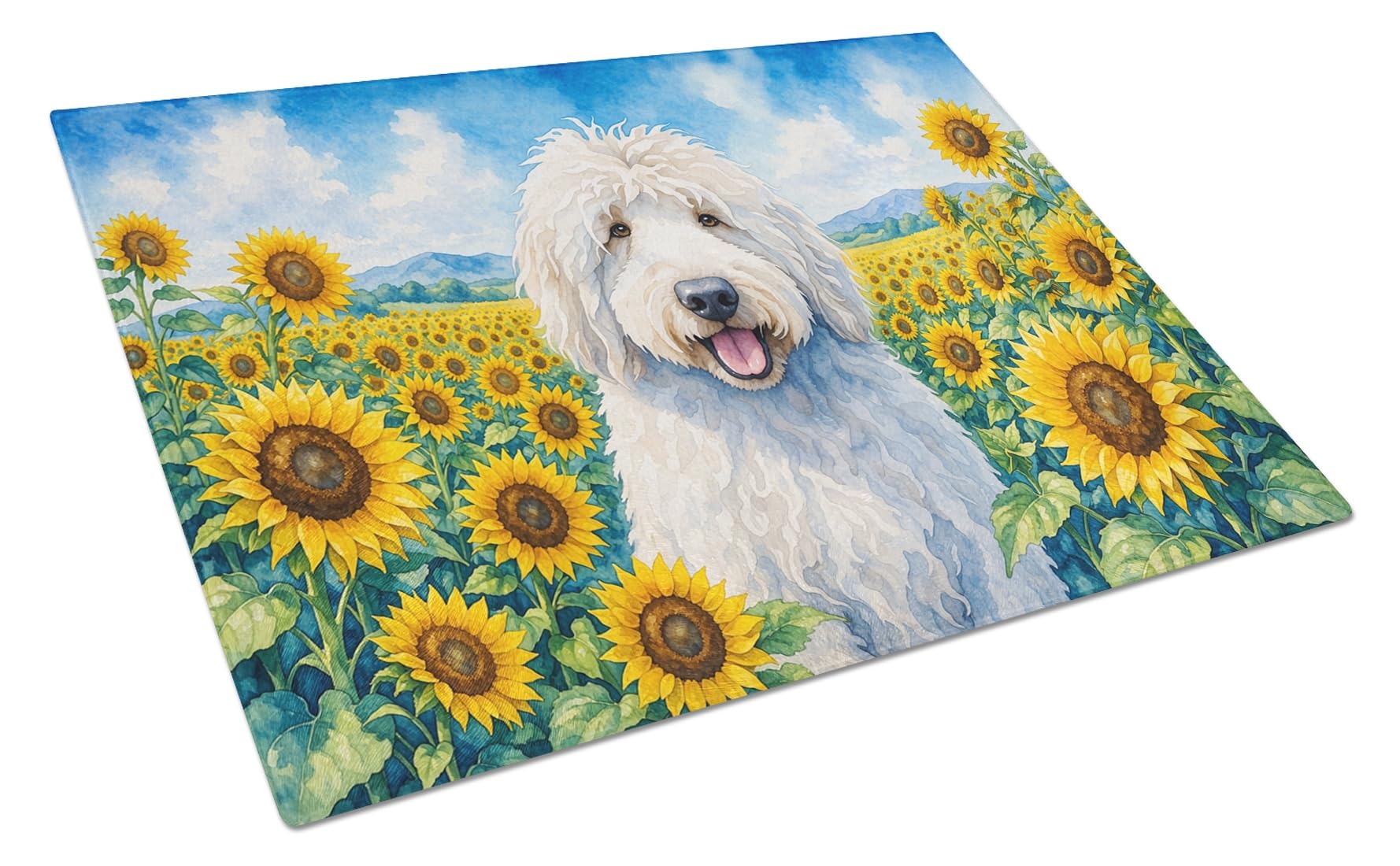 Carolines Treasures Komondor in Sunflowers Cutting Board Tempered Glass Kitchen Cutting Surface, Heat Resistant Chopping Board with Non-Slip Feet, Decorative Food Prep & Serving