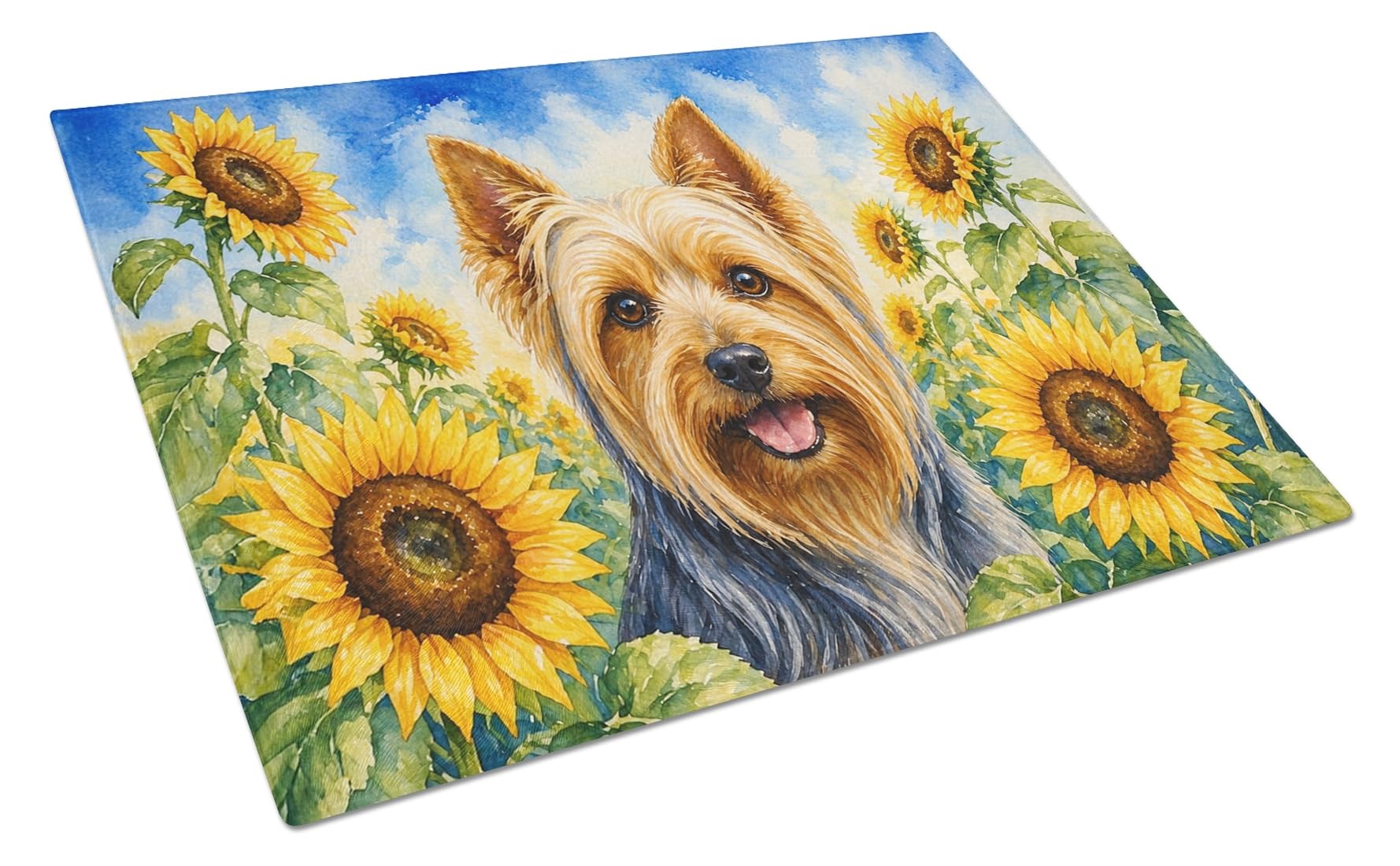 Carolines Treasures Silky Terrier in Sunflowers Cutting Board Tempered Glass Kitchen Cutting Surface, Heat Resistant Chopping Board with Non-Slip Feet, Decorative Food Prep & Serving