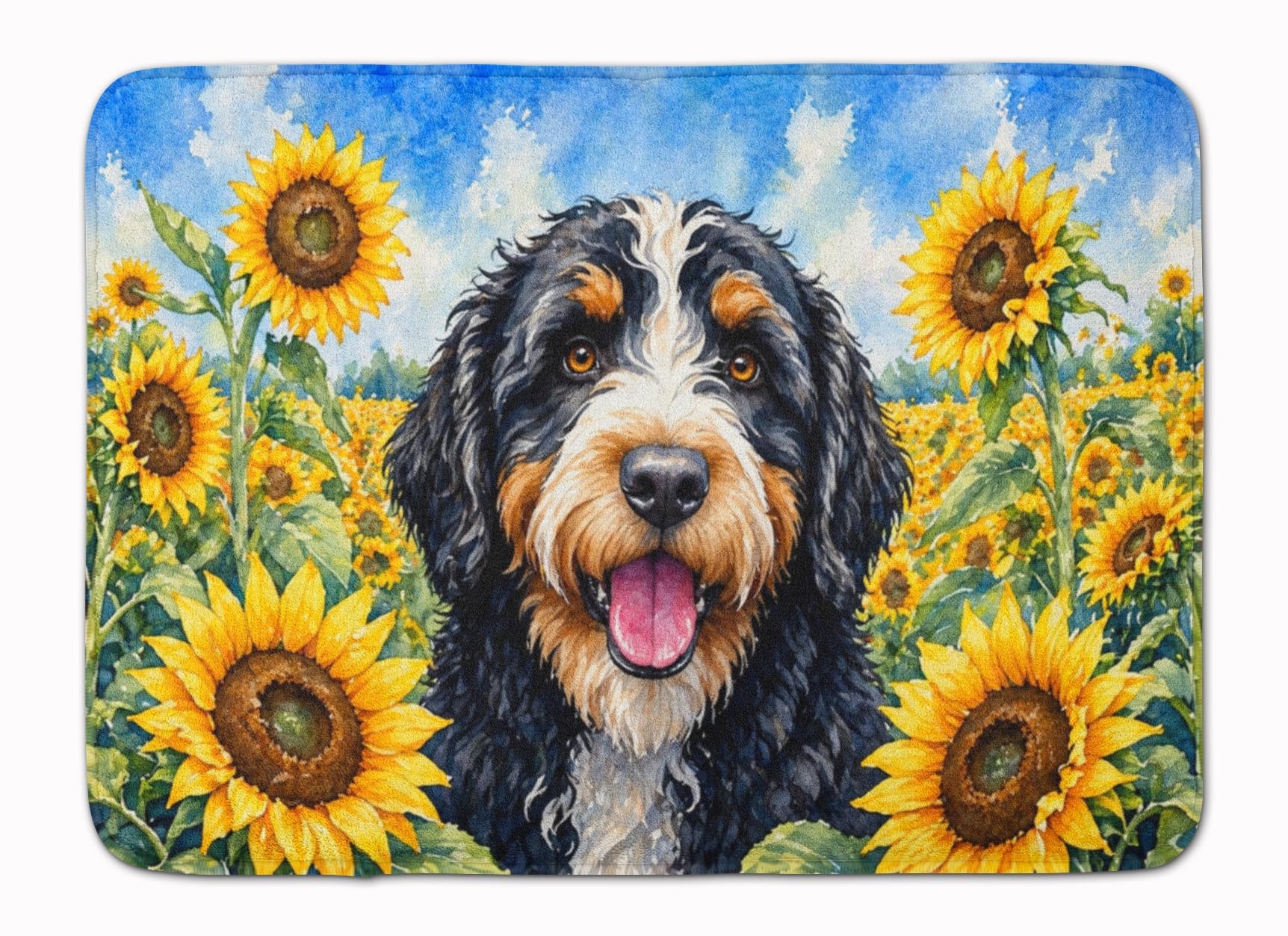 Carolines Treasures Bernedoodle in Sunflowers Memory Foam Kitchen Mat Machine Washable Anti-Fatigue Cushion Comfort Bath or Kitchen Rug