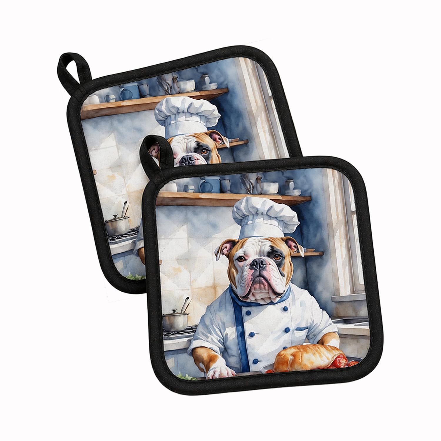 Carolines Treasures American Bulldog The Chef Pair of Pot Holders Kitchen Heat Resistant Pot Holders Sets Oven Hot Pads for Cooking Baking BBQ, 7 1/2 x 7 1/2