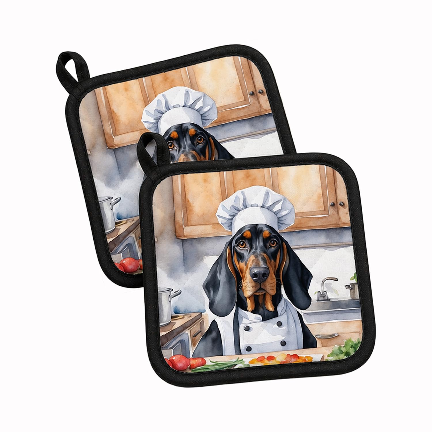 Carolines Treasures Black and Tan Coonhound The Chef Pair of Pot Holders Kitchen Heat Resistant Pot Holders Sets Oven Hot Pads for Cooking Baking BBQ, 7 1/2 x 7 1/2