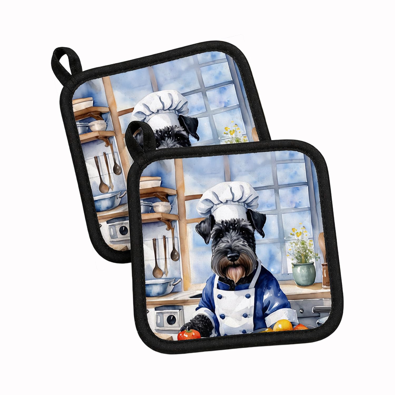 Carolines Treasures Kerry Blue Terrier The Chef Pair of Pot Holders Kitchen Heat Resistant Pot Holders Sets Oven Hot Pads for Cooking Baking BBQ, 7 1/2 x 7 1/2