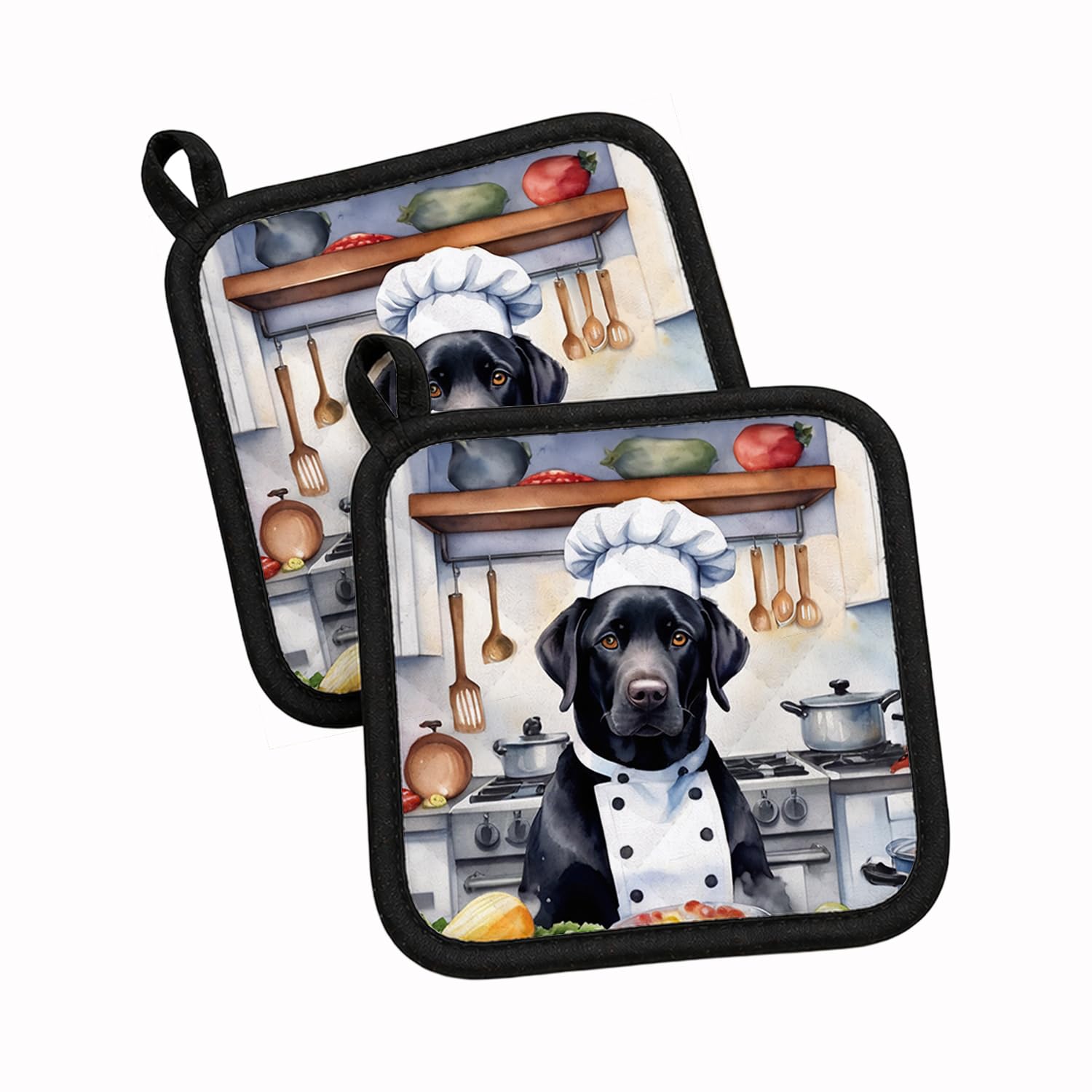 Carolines Treasures Black Labrador Retriever The Chef Pair of Pot Holders Kitchen Heat Resistant Pot Holders Sets Oven Hot Pads for Cooking Baking BBQ, 7 1/2 x 7 1/2