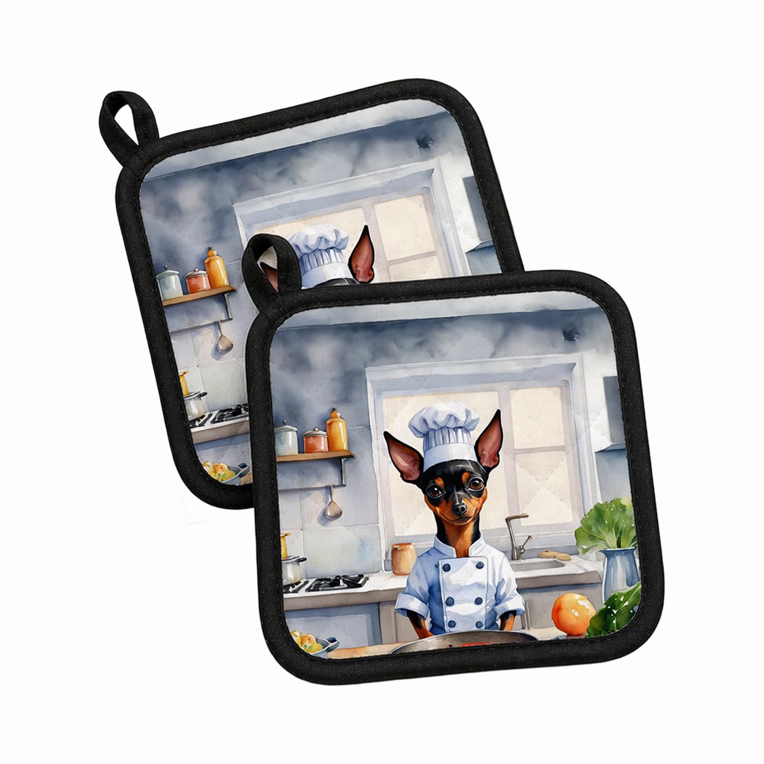Carolines Treasures Miniature Pinscher The Chef Pair of Pot Holders Kitchen Heat Resistant Pot Holders Sets Oven Hot Pads for Cooking Baking BBQ, 7 1/2 x 7 1/2