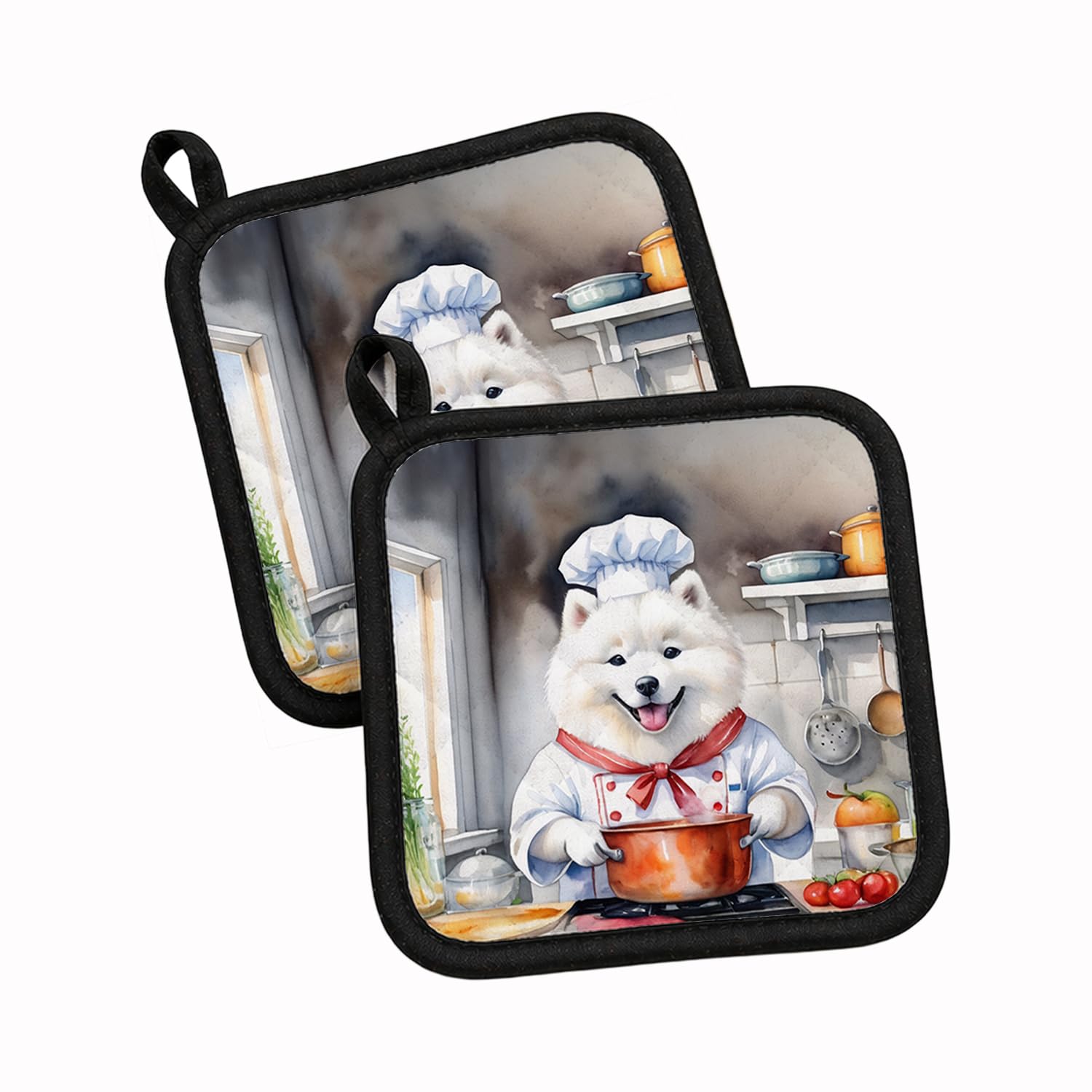 Carolines Treasures Samoyed The Chef Pair of Pot Holders Kitchen Heat Resistant Pot Holders Sets Oven Hot Pads for Cooking Baking BBQ, 7 1/2 x 7 1/2