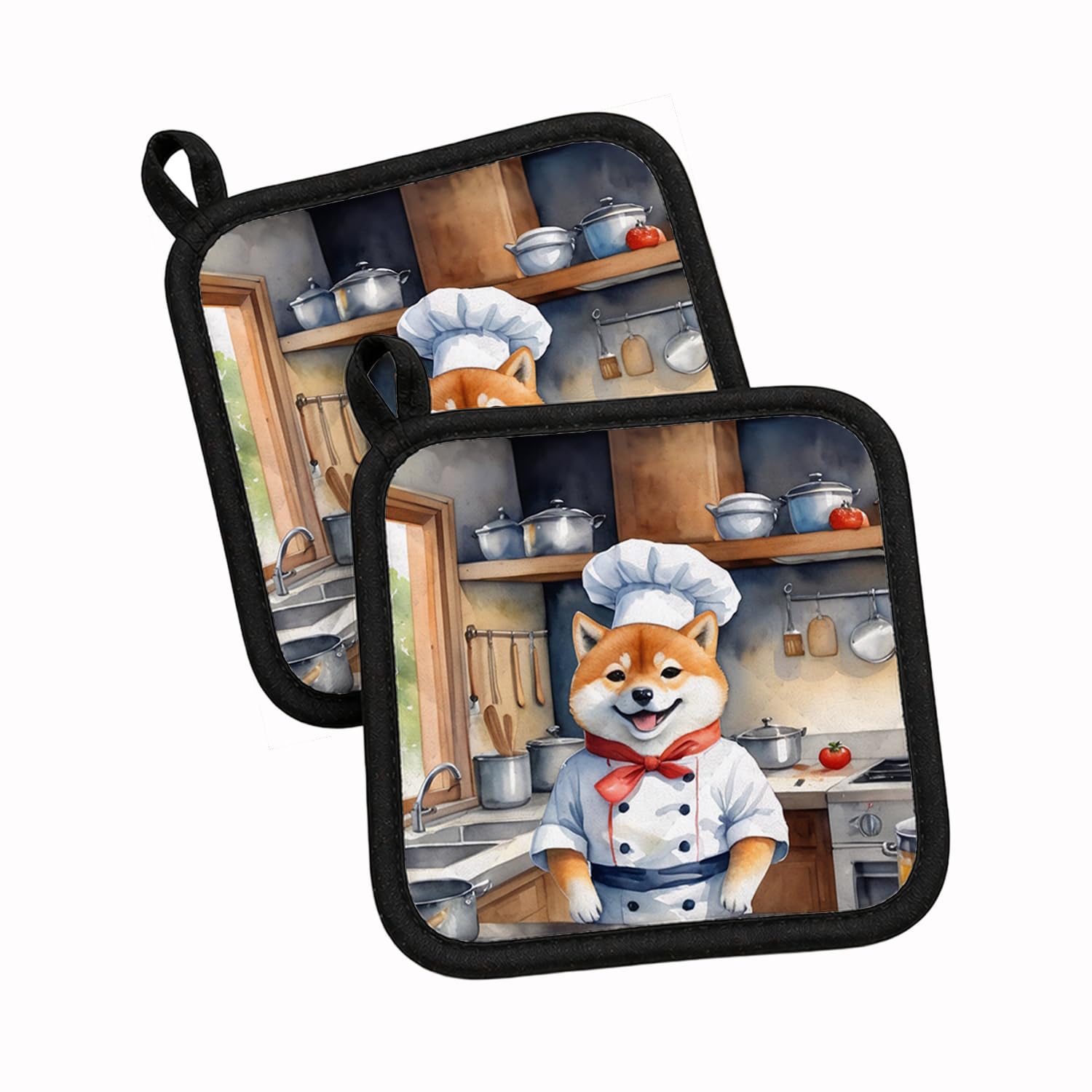 Carolines Treasures Shiba Inu The Chef Pair of Pot Holders Kitchen Heat Resistant Pot Holders Sets Oven Hot Pads for Cooking Baking BBQ, 7 1/2 x 7 1/2