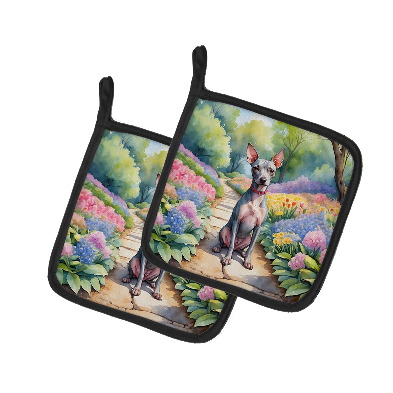 Carolines Treasures American Hairless Terrier Spring Garden Pair of Pot Holders Kitchen Heat Resistant Pot Holders Sets Oven Hot Pads for Cooking Baking BBQ, 7 1/2 x 7 1/2