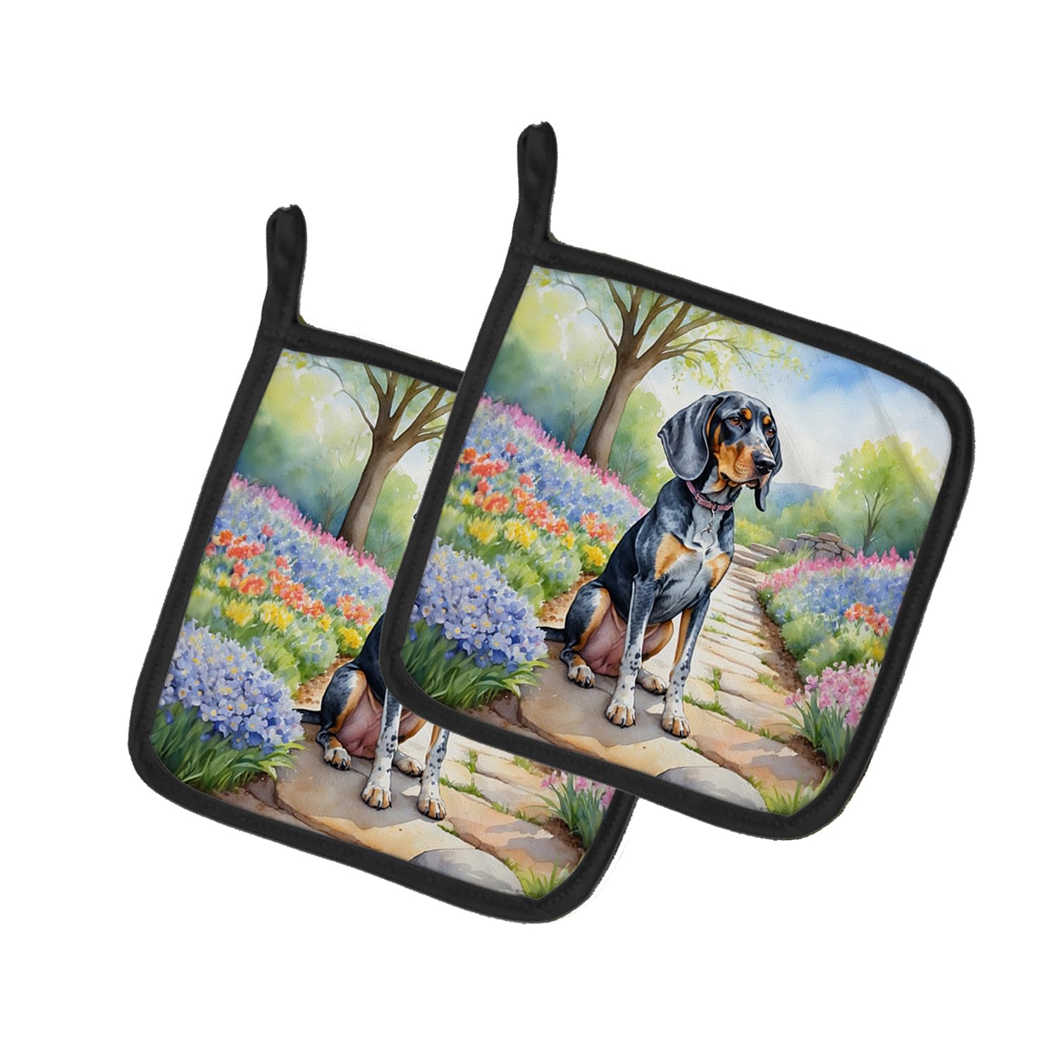 Carolines Treasures Bluetick Coonhound Spring Path Pair of Pot Holders Kitchen Heat Resistant Pot Holders Sets Oven Hot Pads for Cooking Baking BBQ, 7 1/2 x 7 1/2