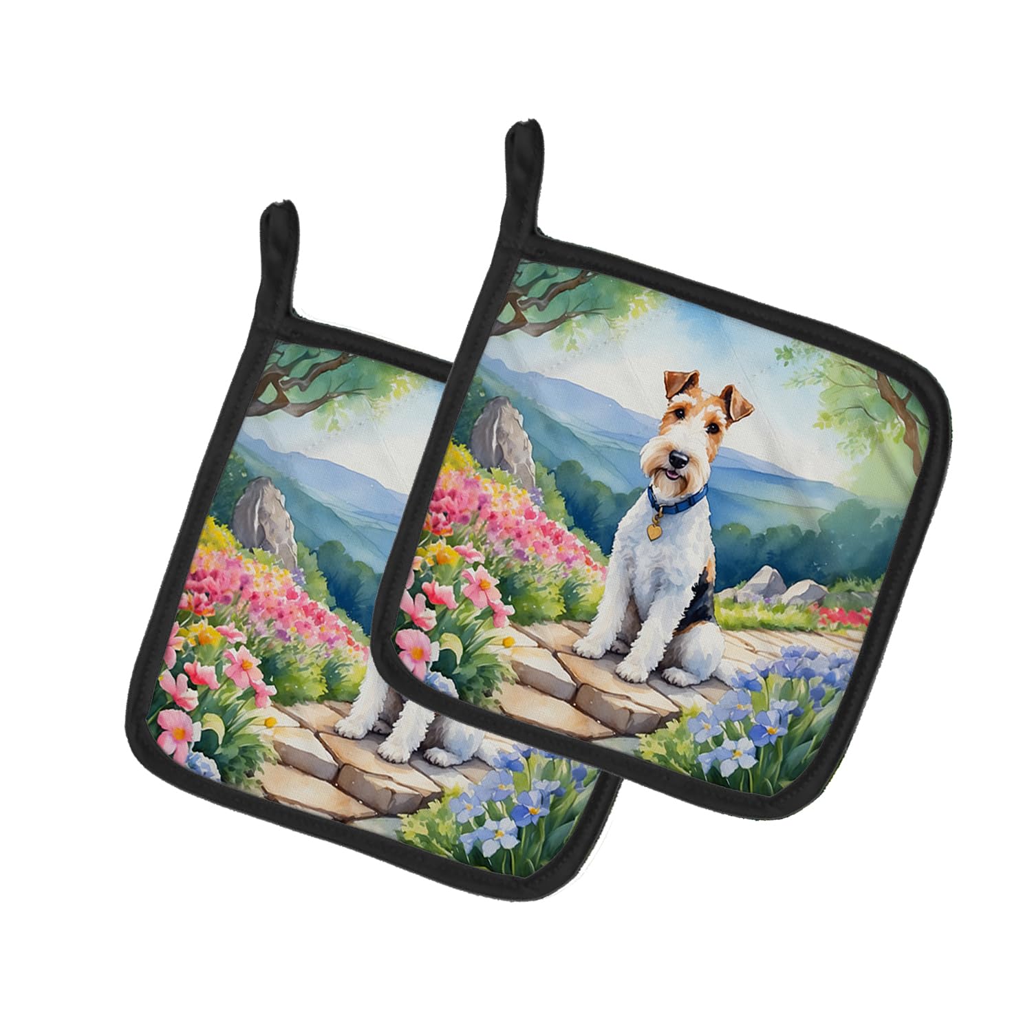 Carolines Treasures Fox Terrier Spring Path Pair of Pot Holders Kitchen Heat Resistant Pot Holders Sets Oven Hot Pads for Cooking Baking BBQ, 7 1/2 x 7 1/2