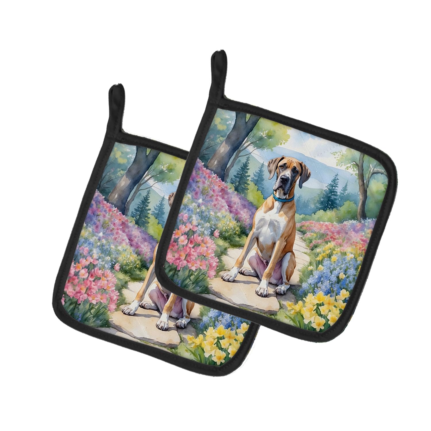 Carolines Treasures Great Dane Spring Path Pair of Pot Holders Kitchen Heat Resistant Pot Holders Sets Oven Hot Pads for Cooking Baking BBQ, 7 1/2 x 7 1/2