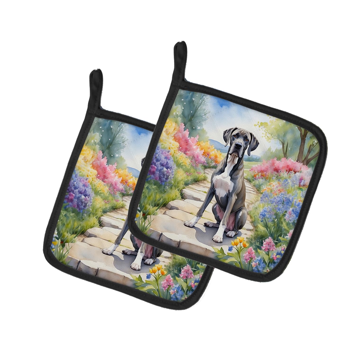 Carolines Treasures Great Dane Spring Path Pair of Pot Holders Kitchen Heat Resistant Pot Holders Sets Oven Hot Pads for Cooking Baking BBQ, 7 1/2 x 7 1/2