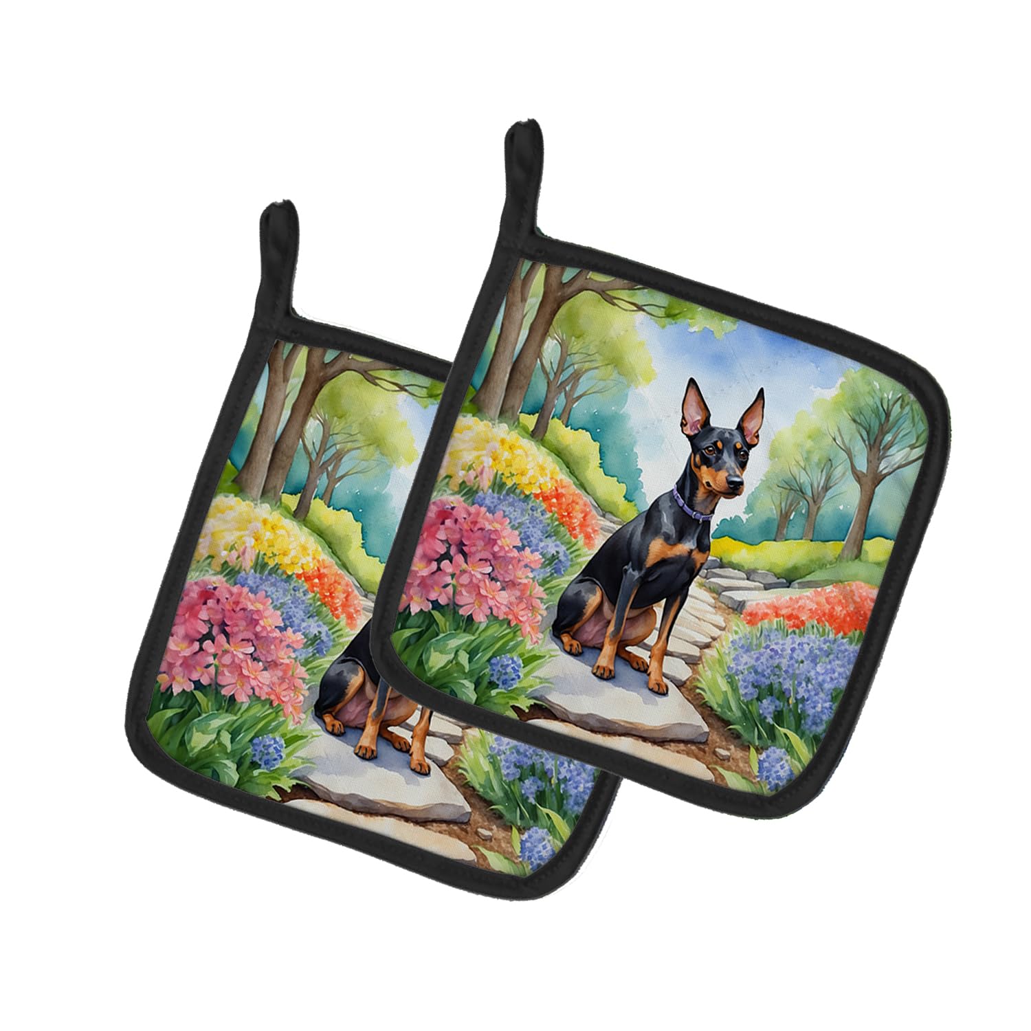 Carolines Treasures Manchester Terrier Spring Path Pair of Pot Holders Kitchen Heat Resistant Pot Holders Sets Oven Hot Pads for Cooking Baking BBQ, 7 1/2 x 7 1/2