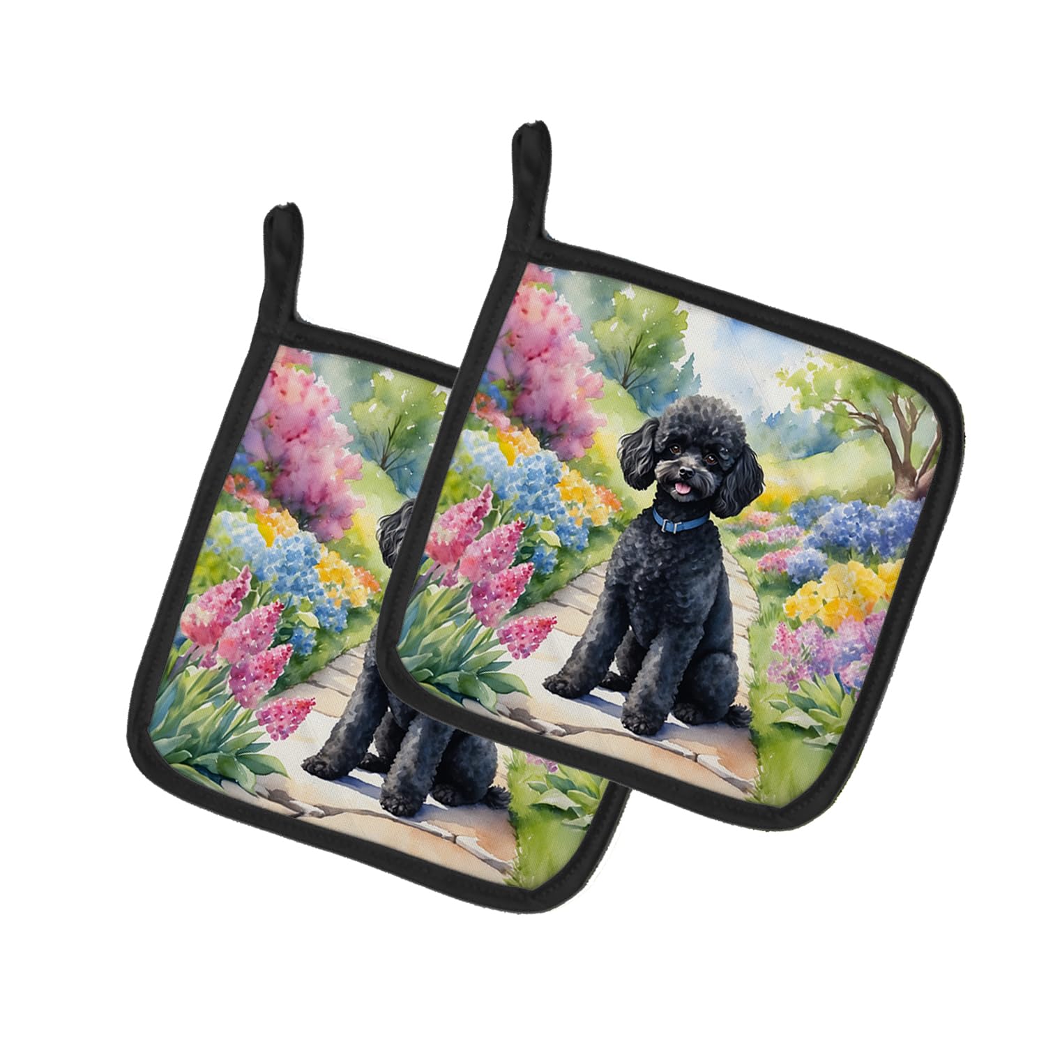 Carolines Treasures Black Poodle Spring Path Pair of Pot Holders Kitchen Heat Resistant Pot Holders Sets Oven Hot Pads for Cooking Baking BBQ, 7 1/2 x 7 1/2