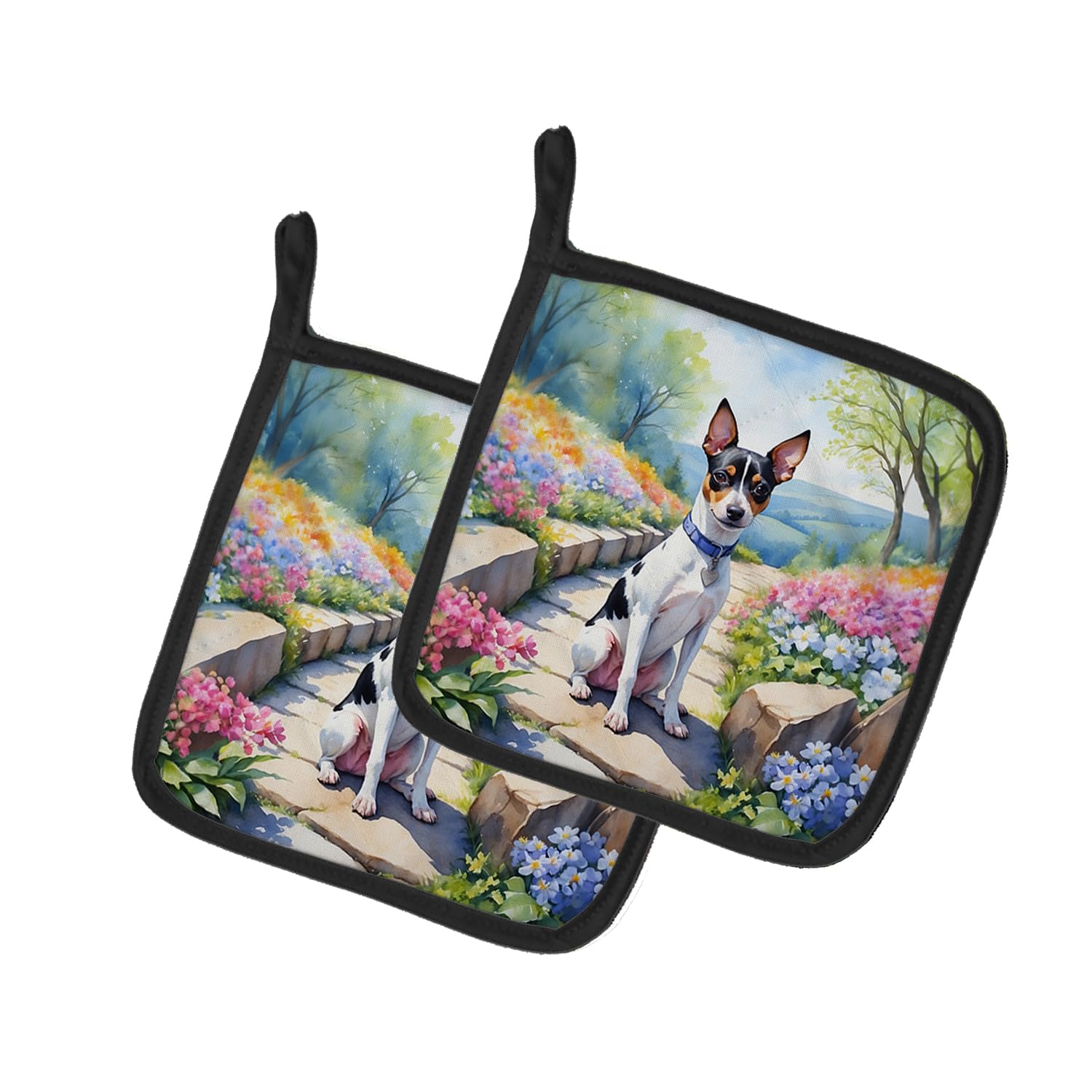Carolines Treasures Rat Terrier Spring Path Pair of Pot Holders Kitchen Heat Resistant Pot Holders Sets Oven Hot Pads for Cooking Baking BBQ, 7 1/2 x 7 1/2