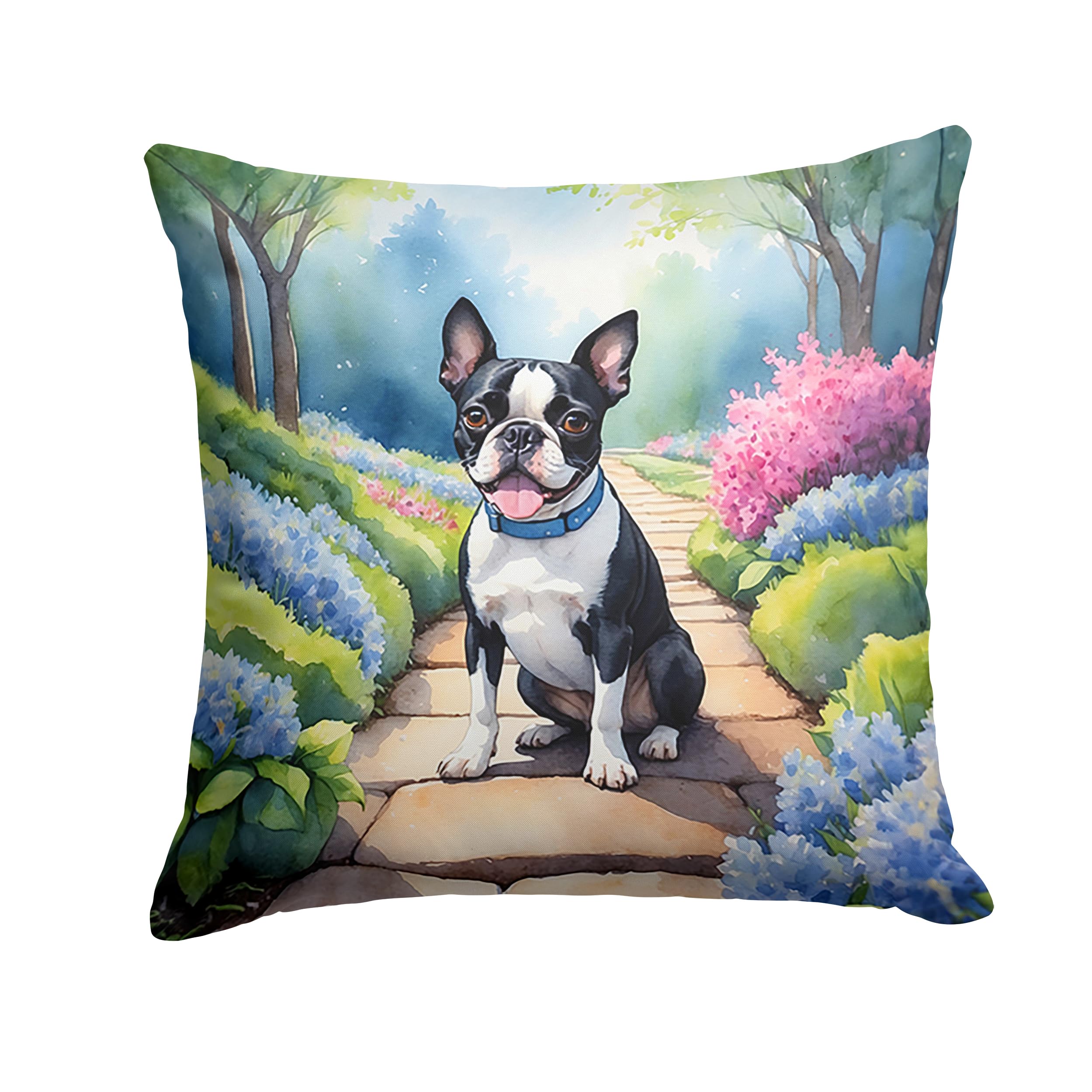 Carolines Treasures Boston Terrier Spring Path Throw Pillow Machine Washable, Indoor Outdoor Decorative Pillow for Couch, Bed or Patio, 14Hx14W