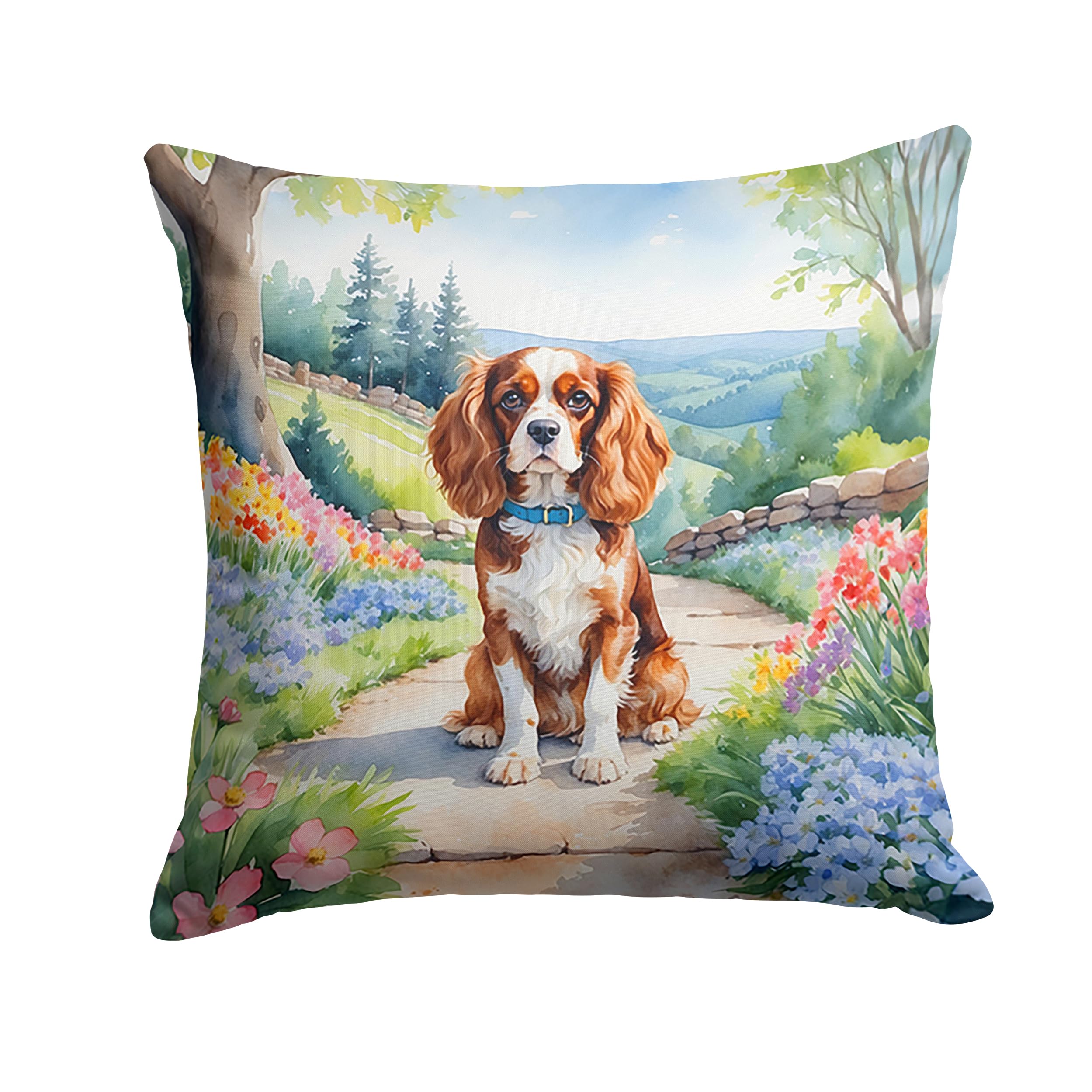 Carolines Treasures Cavalier Spaniel Spring Path Throw Pillow Machine Washable, Indoor Outdoor Decorative Pillow for Couch, Bed or Patio, 14Hx14W