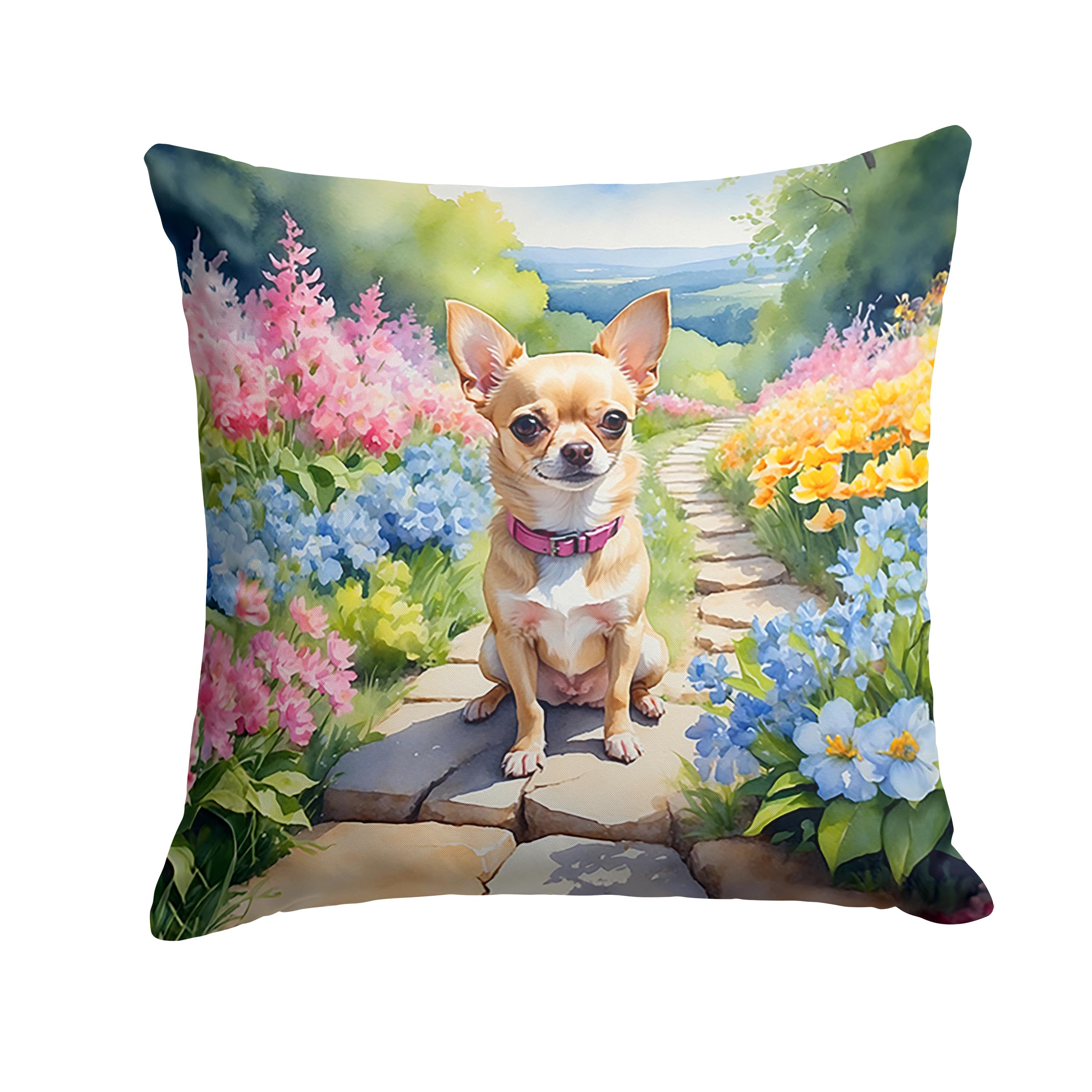 Carolines Treasures Chihuahua Spring Path Throw Pillow Machine Washable, Indoor Outdoor Decorative Pillow for Couch, Bed or Patio, 14Hx14W